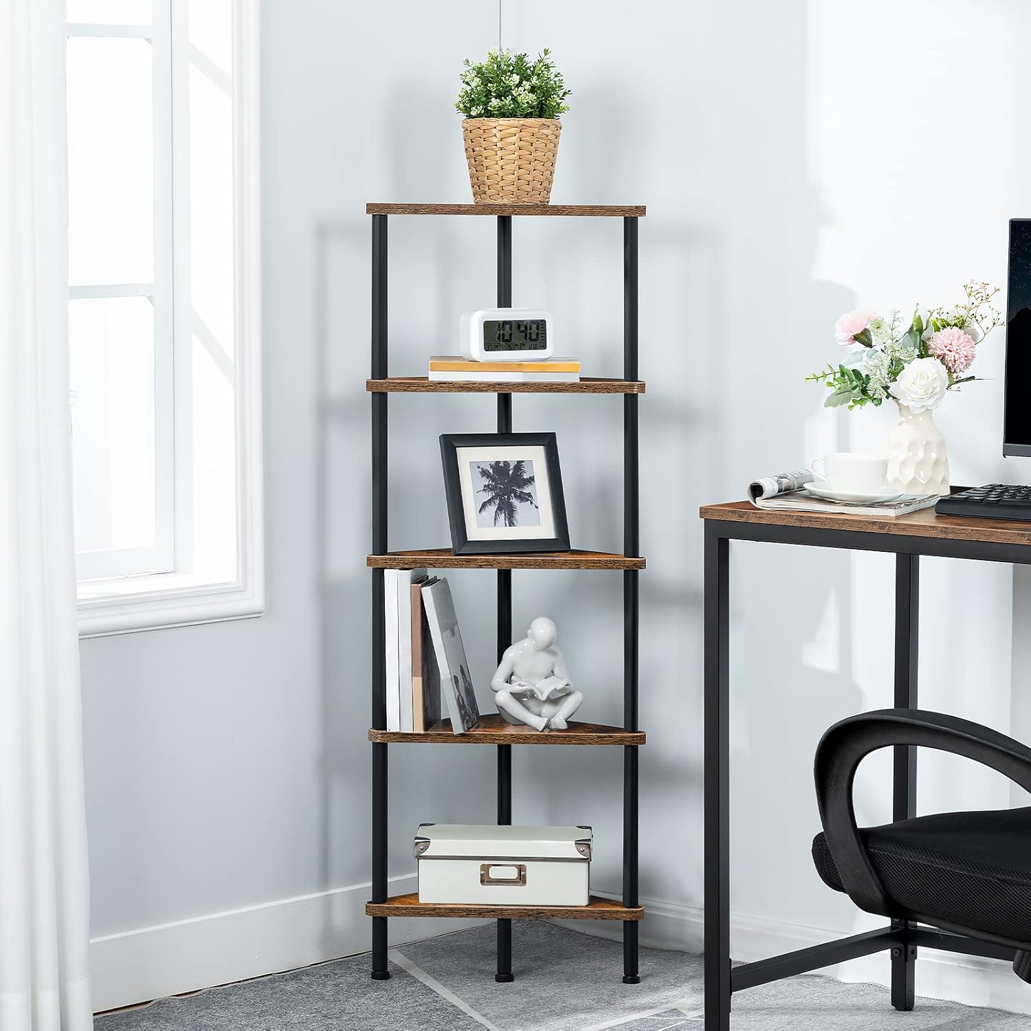 HOOBRO Corner Shelf, Industrial 5-Tier Wall Corner Bookshelf with Metal Frame, Corner Shelf Stand Display Plant Flower, Corner Bookcase for Small Spaces, Bedroom, Living Room, Rustic Brown BF33CJ01 image number 2