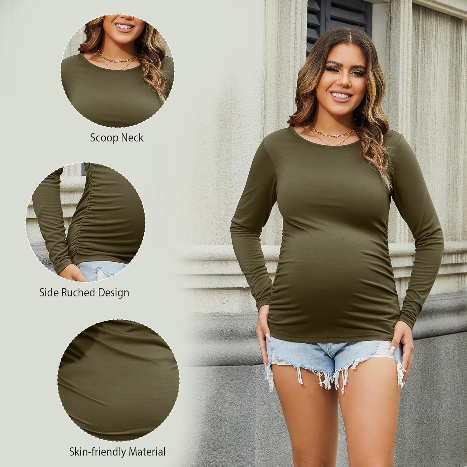 Women'S Maternity Shirts 3 Packs Long Sleeve Pregnancy Tops Basic Side Ruched Tunic Blouse image number 2