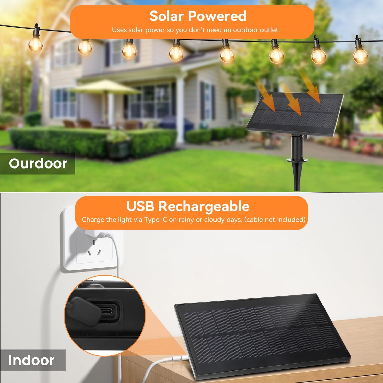 Roccar Solar String Lights Outdoor,15M Solar Festoon Lights Outdoor with 25+1 Shatterproof Waterproof Bulbs,Outdoor Solar Fairy Lights for Patio Porch Garden Backyard Pergola Bistro image number 3