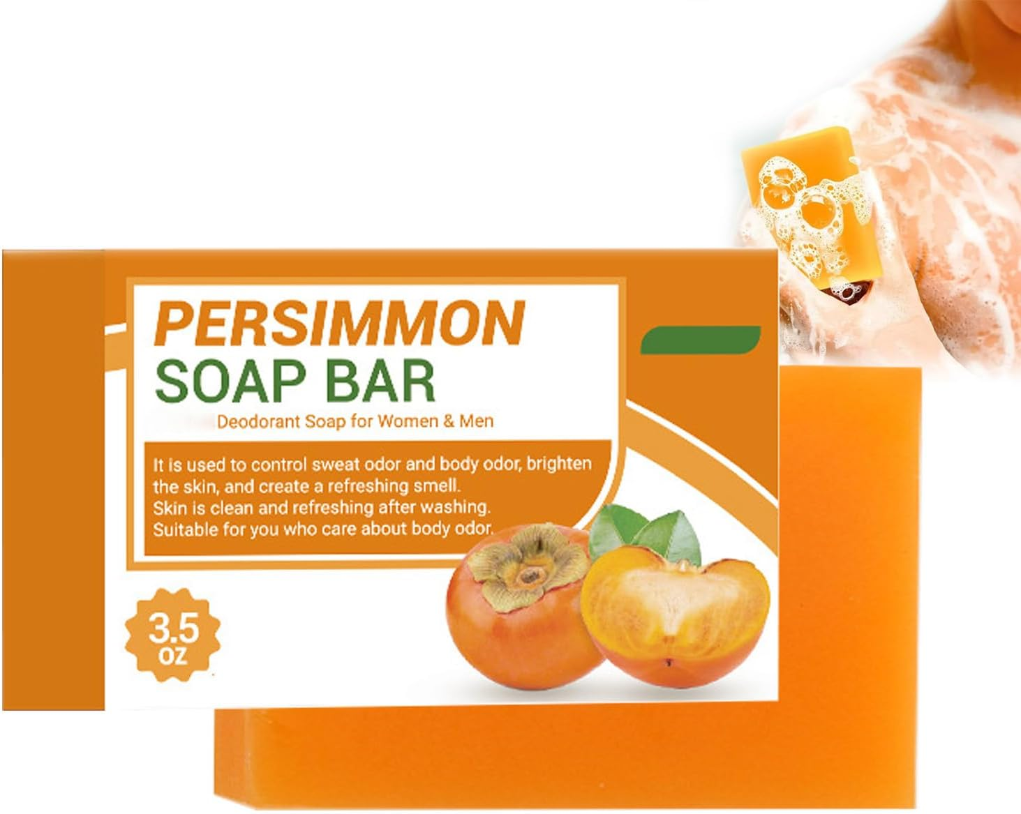 Persimmon Soap Bar for Body Odor, Deodorant Persimmon Bar Soap, Deodorizing Body Wash with Persim/Mon Extract for Eliminating Bo/Dy Odor, Bo/Dy Deeply Cleansing Bar Soap, Hydrating & Skin (1 PCS)