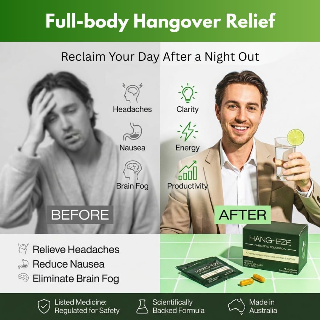 Hangover Relief Supplement - 10 Pack Australian Superior Formula of 20 Vitamins, Minerals and Herbal Extracts. for Hangover Relief, Fatigue, Headaches, Nausea. Enhance Mental Clarity and Energy Levels. image number 3