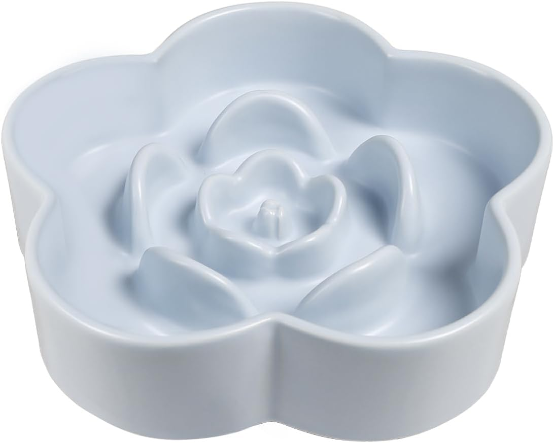 Ceramic Slow Feeder Dog/Cat Bowl, Anti-Choking Slow Food Bowls, 8" 11.3Oz Slow Feeder for Medium, Large Breeds, Plum Puzzle Design, Non-Slip Silicone, Dishwasher and Microwave Safe, White