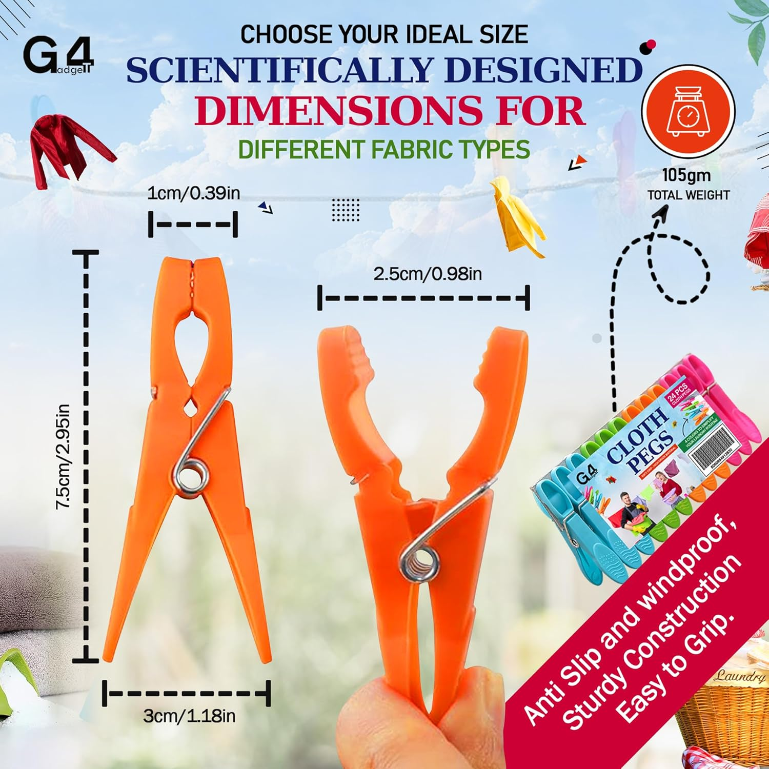 G4GADGET Clothes Pegs 24 Pack &ndash; Strong Grip Plastic Pegs for Washing Line, Durable Laundry Clips for Clothes, Rust-Resistant for Outdoor & Indoor Drying