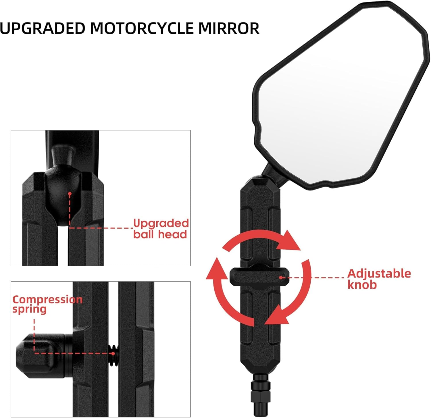 Upgraded Universal Motorcycle Mirror,Adventure Ball-Head ATV Rear View Mirror No Vibration & Wobble with 8/10MM Screw and 7/8" Handlebar Aluminum Mount Compatible with ATV Dirt Bike and More image number 6
