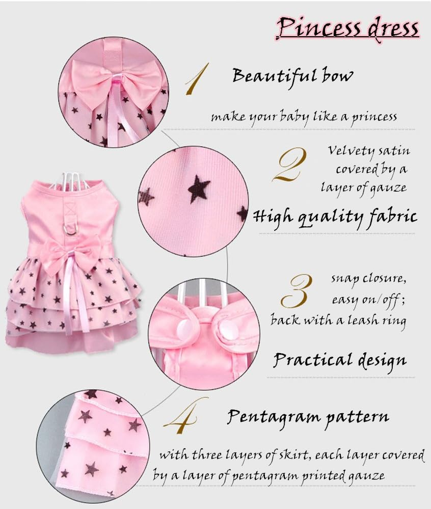 Hdwk&Hped Dog Dress with Leash Ring, Princess Multi-Layer Pleated Skirt Pentagram Bow Pet Dress for Small Dog Puppy Cat Pink #6 image number 4