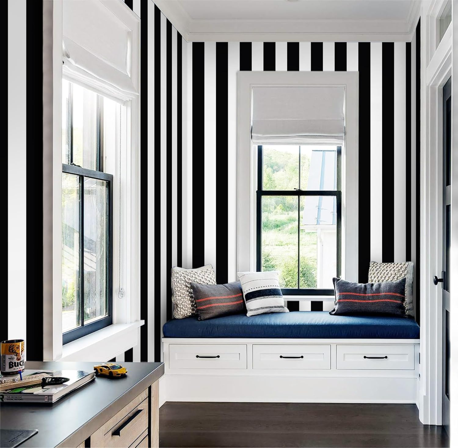 Guvana 472.4"X17.7" Striped Peel and Stick Wallpaper Black and White Self-Adhesive Wallpaper Removable Contact Paper Waterproof Wall Paper for Livingroom Cabinets Shelves Drawer Liner Decor Vinyl Roll image number 3