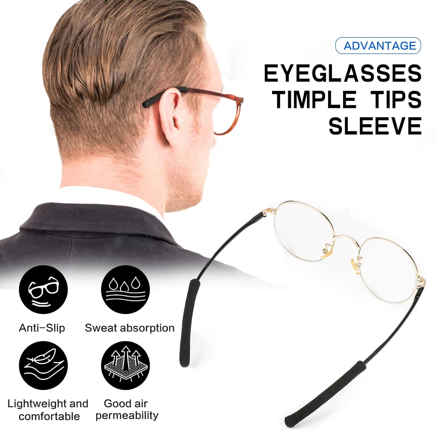 Eyeglasses Ear Cushions for Glasses Ear Cushion for Glasses behind Ears Eye Glasses Ear Grippers Soft Knitting Cotton Eyeglasses Temple Tips Sleeve Glasses Arm Cushion anti Slip, Black, 33Mm-50Mm, image number 2