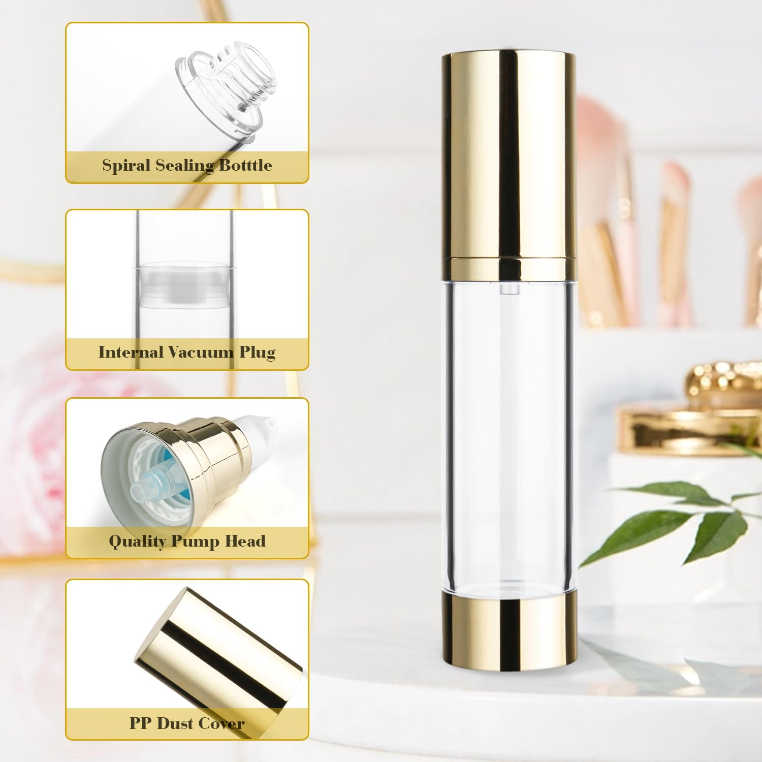 4 Pack 50Ml/1.7Oz Clear Airless Pump Bottle Plastic Vacuum Pump Press Container Empty Lotion Dispenser for Cream Toiletries Liquid Foundation Cosmetic Sample Travel - Gold image number 6