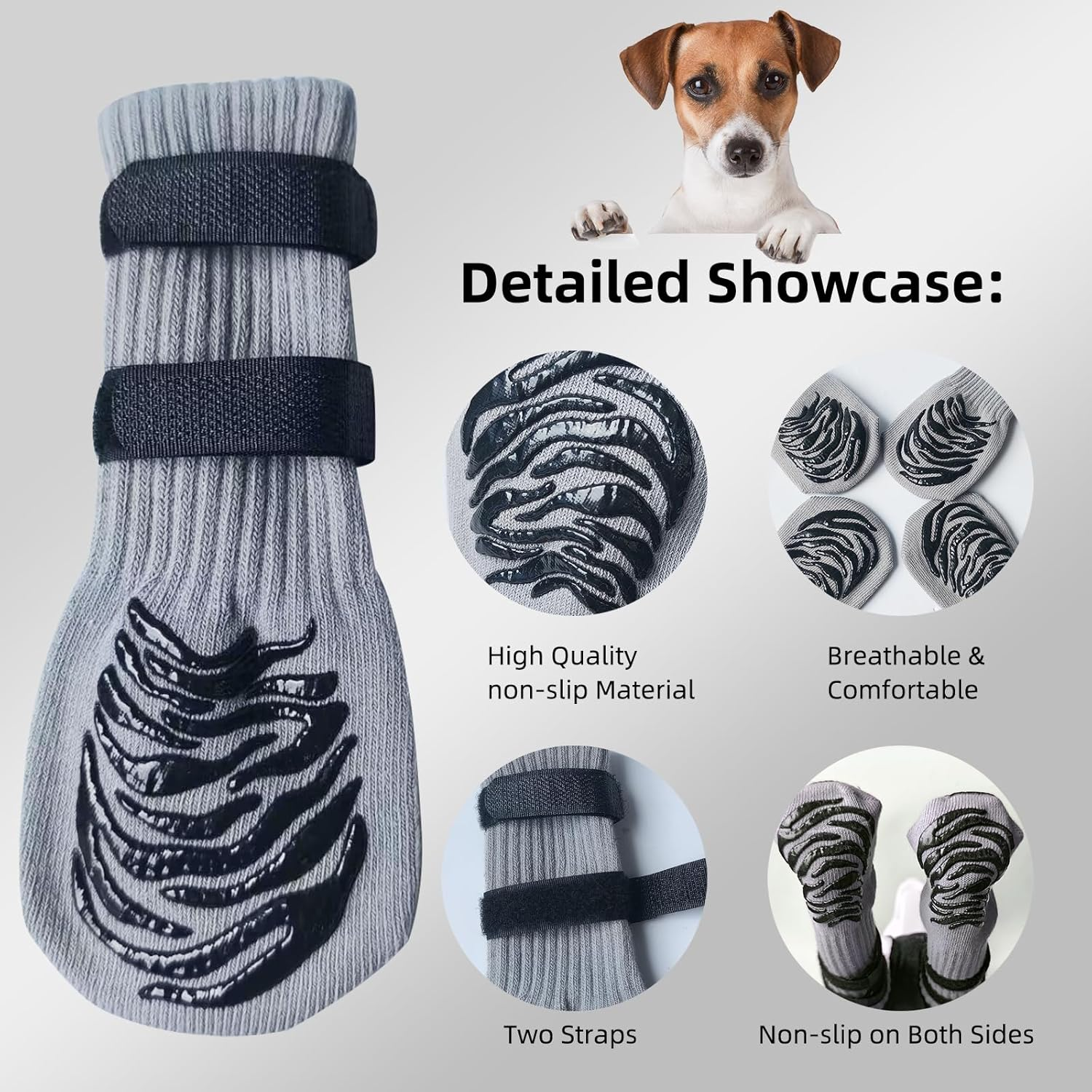 Anti-Slip Dog Socks with 2 Adjustable Straps for Hardwood Floors and Pavements, Paw Protection for All Breeds (Grey, M) image number 3