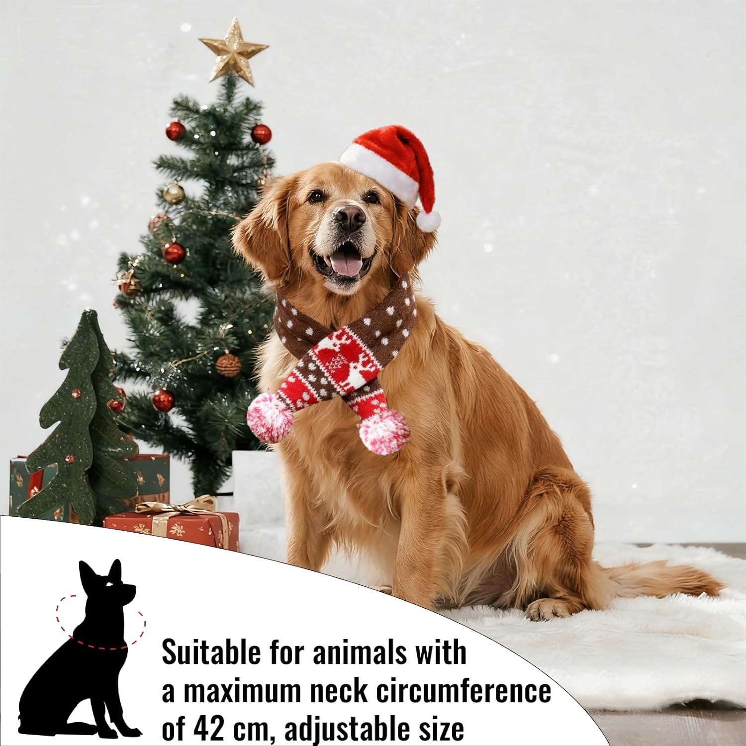 Yicoovey Christmas Pet Costume Set (Size L) - 2-Piece Reindeer Knitted Scarf & Santa Hat in Red/White, Soft Winter Outfit for Dogs/Cats, Festive Accessories & Photo Decoration image number 5
