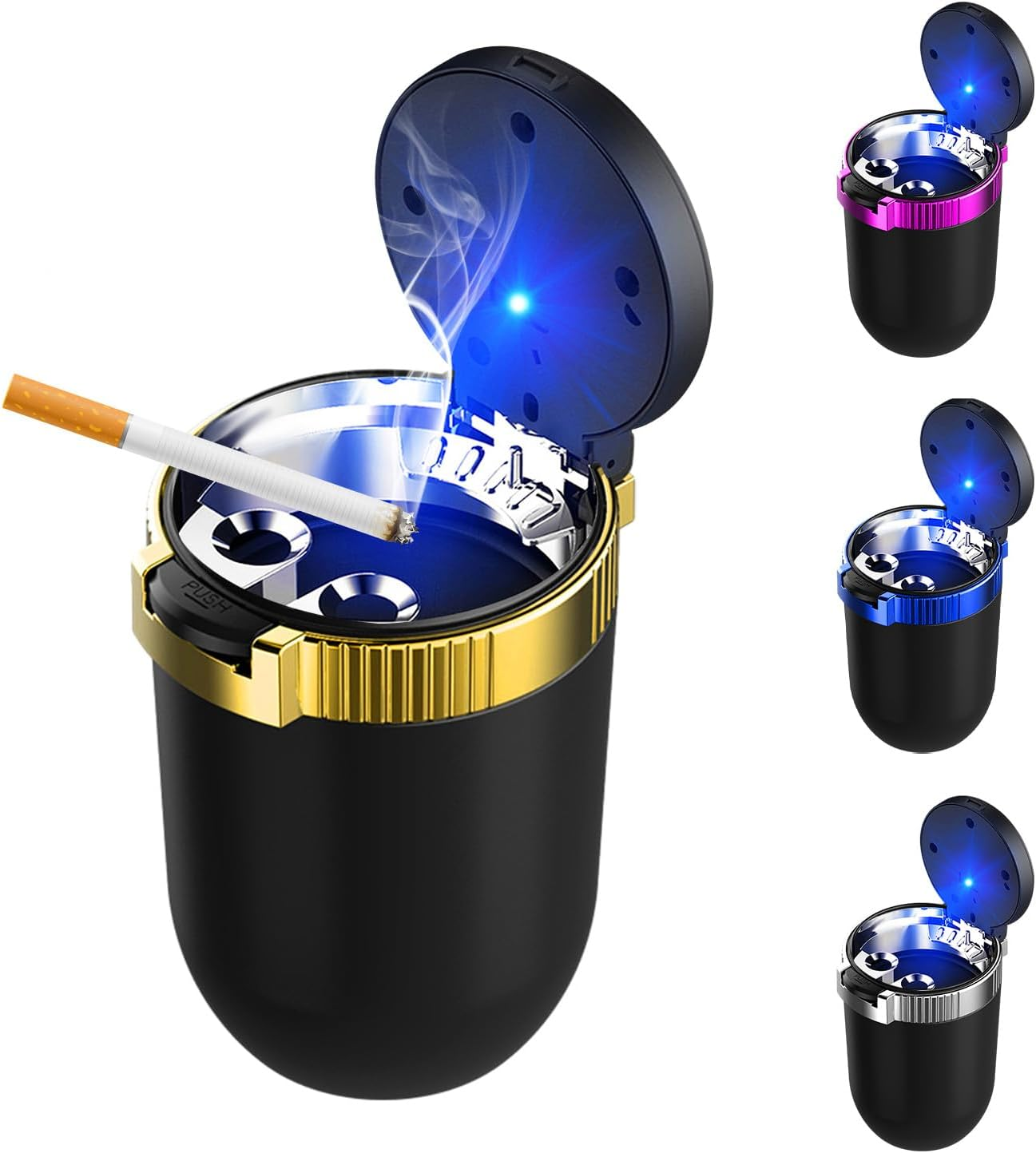 Car Ashtray with Lid, Detachable Stainless Steel Ash Tray with LED Blue Light, Portable Mini Vehicle Cup Holder Trash Can Smell Proof Ashtray Cup, Universal Car Accessories (Blue)