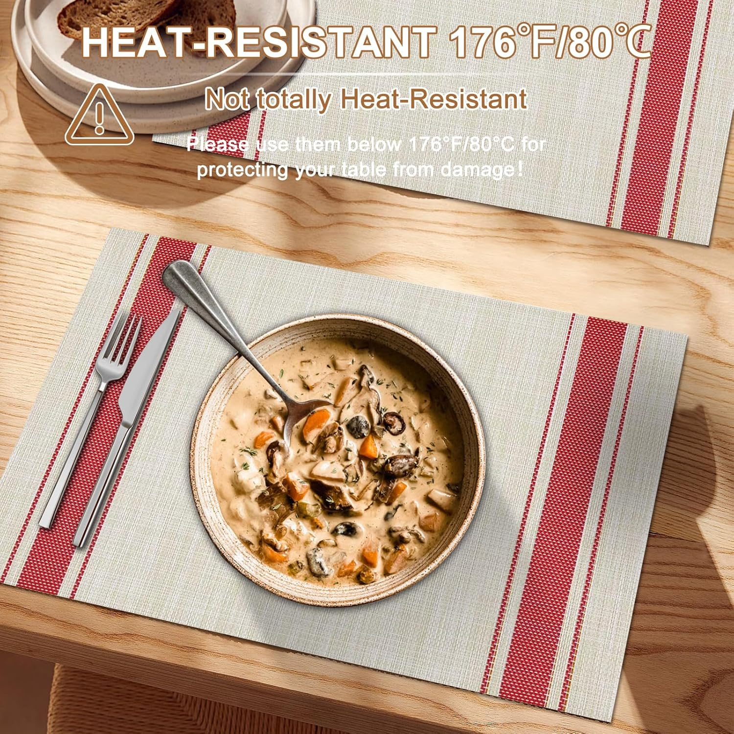 BETEAM Placemats Set of 6 Woven Vinyl Placemat for Dining Table Washable Wipeable Kitchen Place Mats Durable Indoor Outdoor Table Mats -02 Red, 6 Pcs - 02 Red image number 5