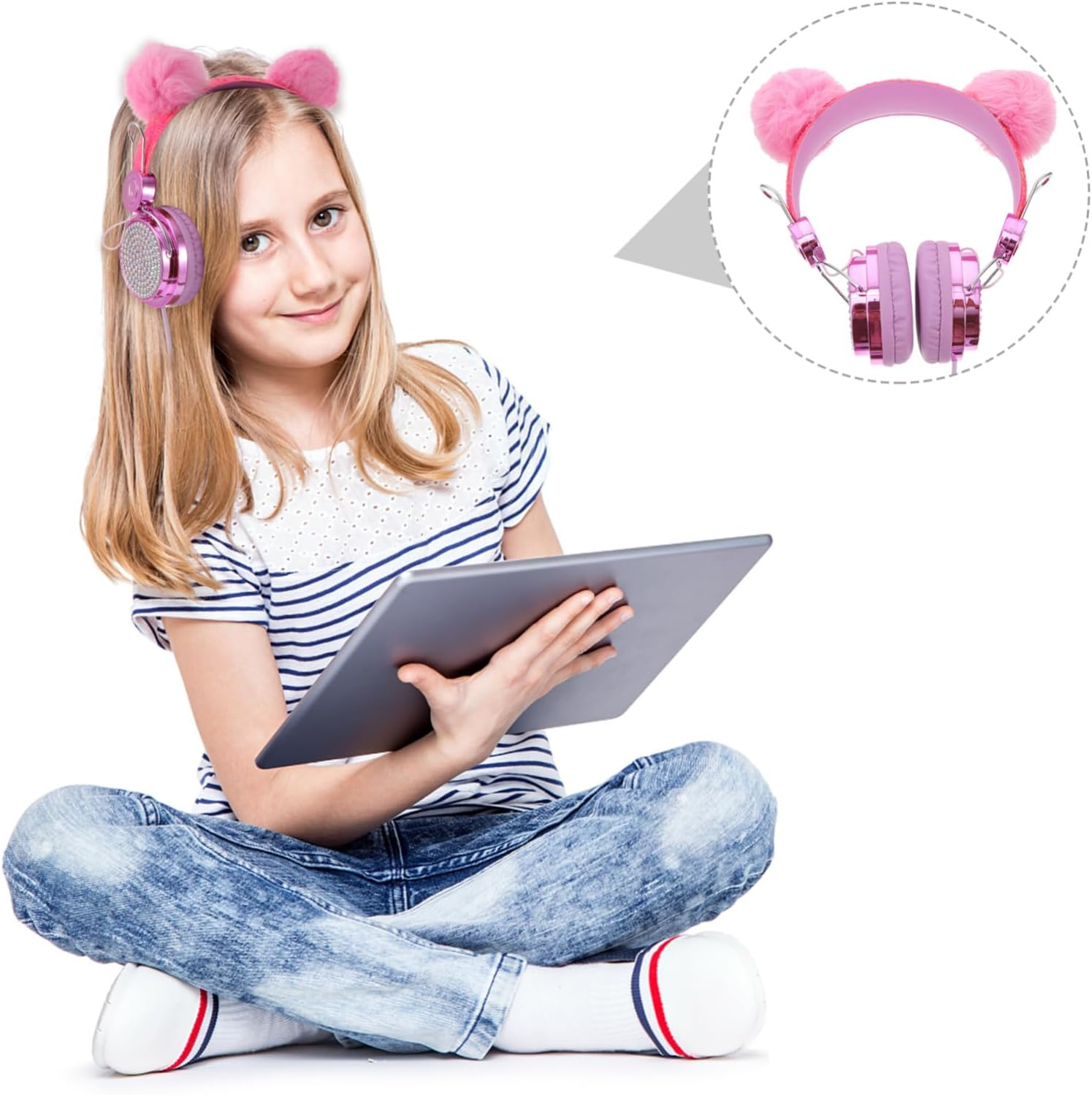 DOITOOL Headphones Wired Headset with Cartoon Fur Ball Cat Ears for Lightweight High-Fidelity Cable Accessory Random Color image number 2