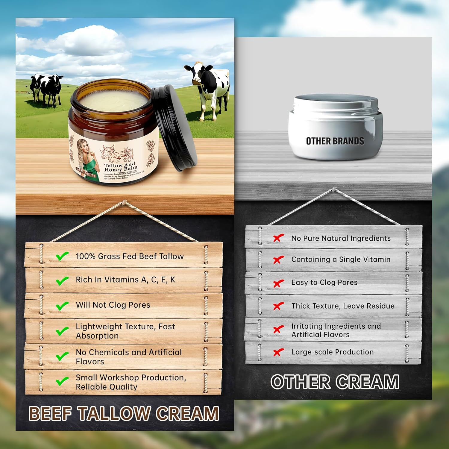 Beef Tallow Cream for Skin, Organic Beef Tallow Face Cream for Dry Skin, Deep Moisturizing Tallow Body Butter Lotion for Cracked Skin, Beef Tallow Moisturizer, 2 OZ. image number 4