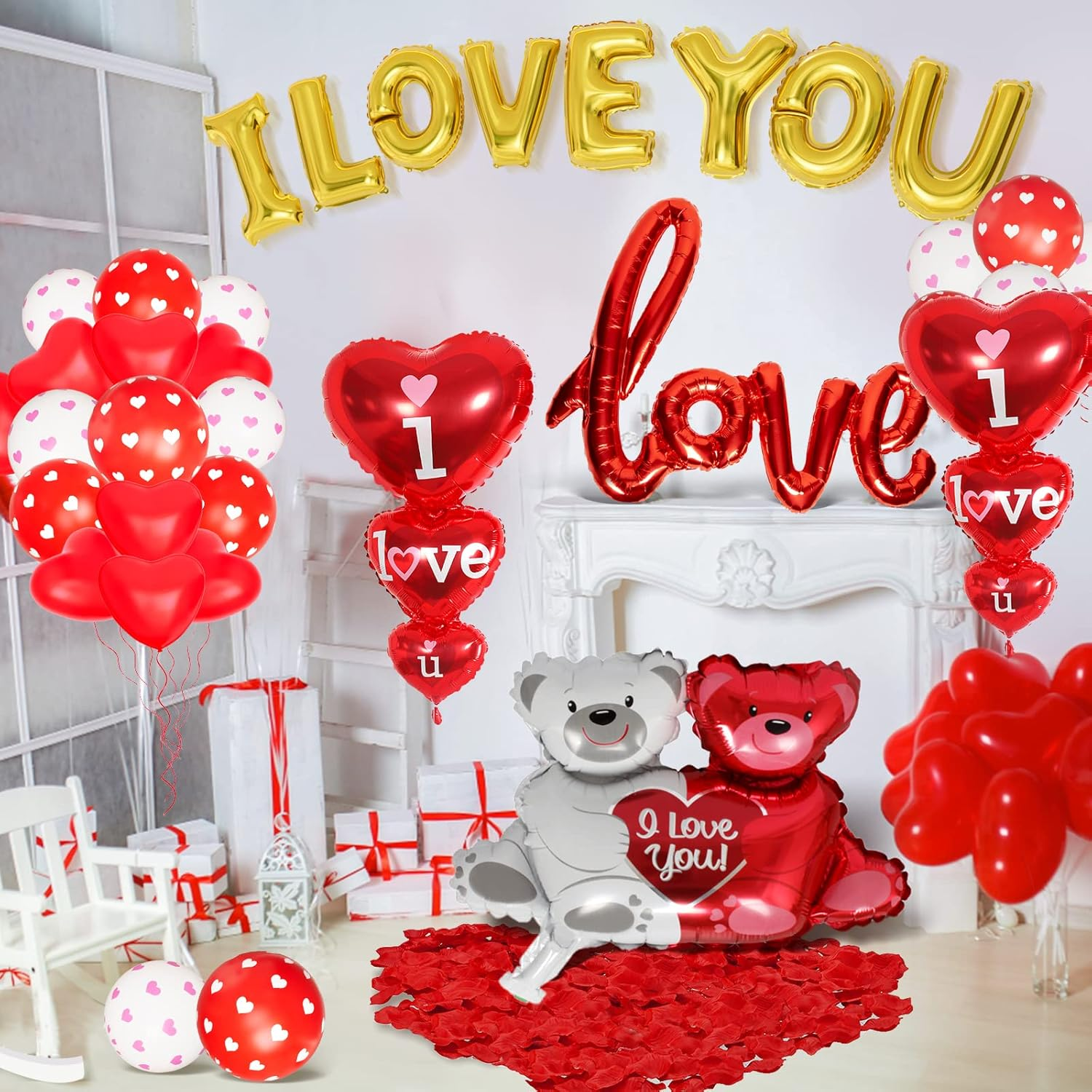 I Love You Balloons Love Red Foil Balloons Happy Valentine'S Day Banner with 1000Pcs Red Silk Rose Petals Flower Decoration Love-Bear Heart Print Latex Balloons for Valentine Day Party Decorations image number 5