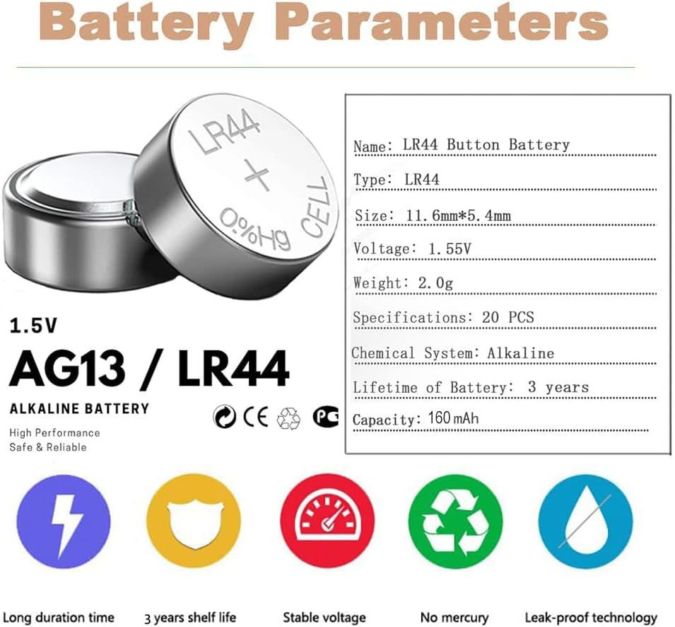 Lomon 20 Pack LR44 AG13 1.5V Button Cell Batteries (Equivalent to 357, 303, SR44, A76, L1154) - Long Lasting Alkaline Coin Batteries for Watches, Calculators, Toys & More image number 5
