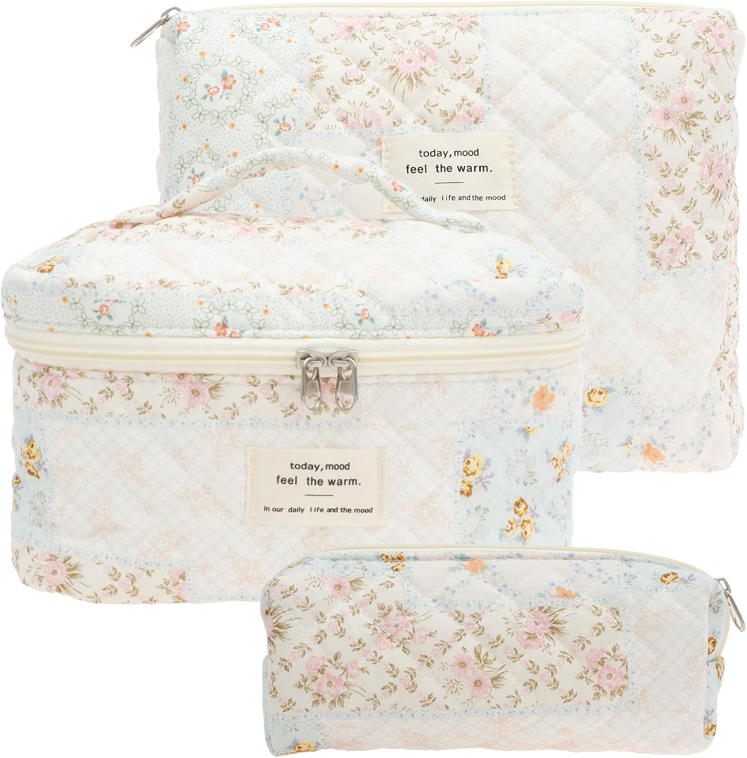 DJAPWPX 3 Pcs Makeup Bag, Cotton Quilted Cosmetic Bag, Cute Travel Makeup Pouch, Multifunctional Cosmetic Pouch Set for Women Girls Ladies (Pink)