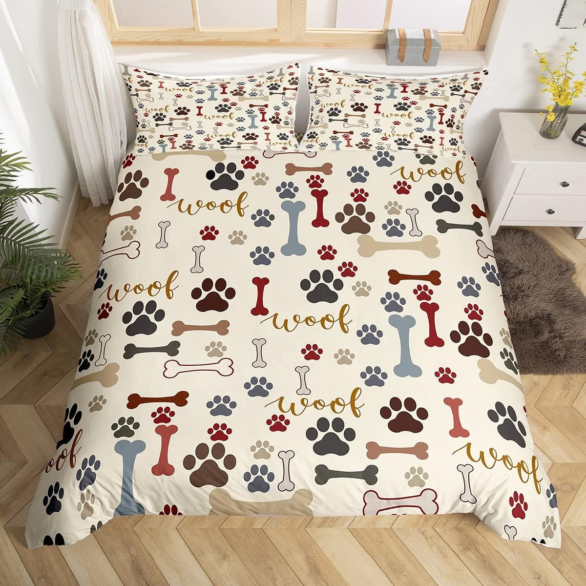 Cute Dog Paws Duvet Cover Single Size,Corgi Pug Lovely Animals Pets Comforter Cover for Kids Teens Adults Bedroom Decor,Dog Bones Cartoon Colorful Bedding Set 1 Pillowcase,No Comforter