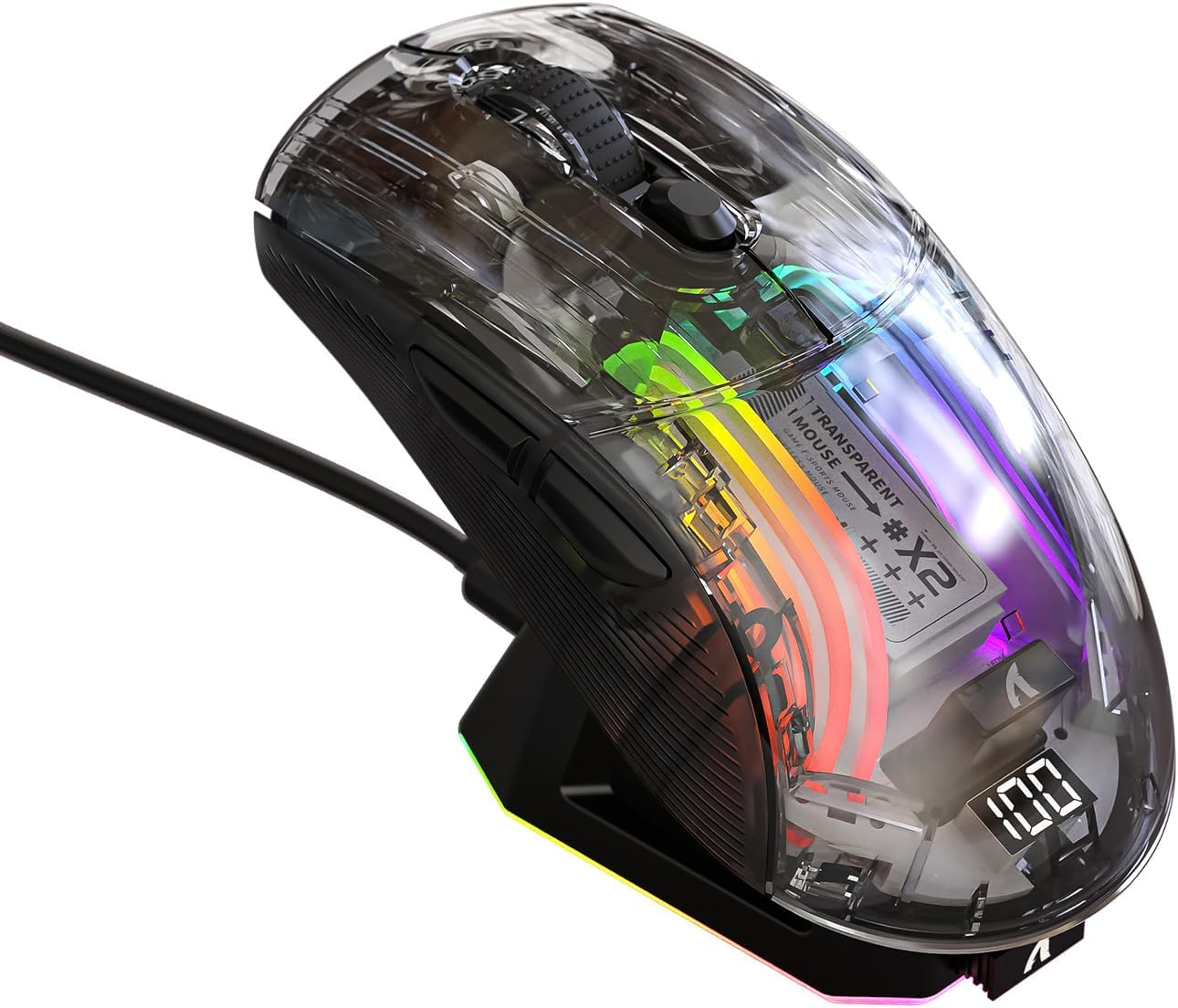 A.JAZZ Wireless Gaming Mouse with Full Transparent,Tri-Mode 2.4Ghz/Bluetooth/Wired Mouse,Digital Display,Charging Base,3D RGB Backlit,Silent Mice with 7 Buttons,Wireless Mice for Laptop,Pc,Mac(Black)