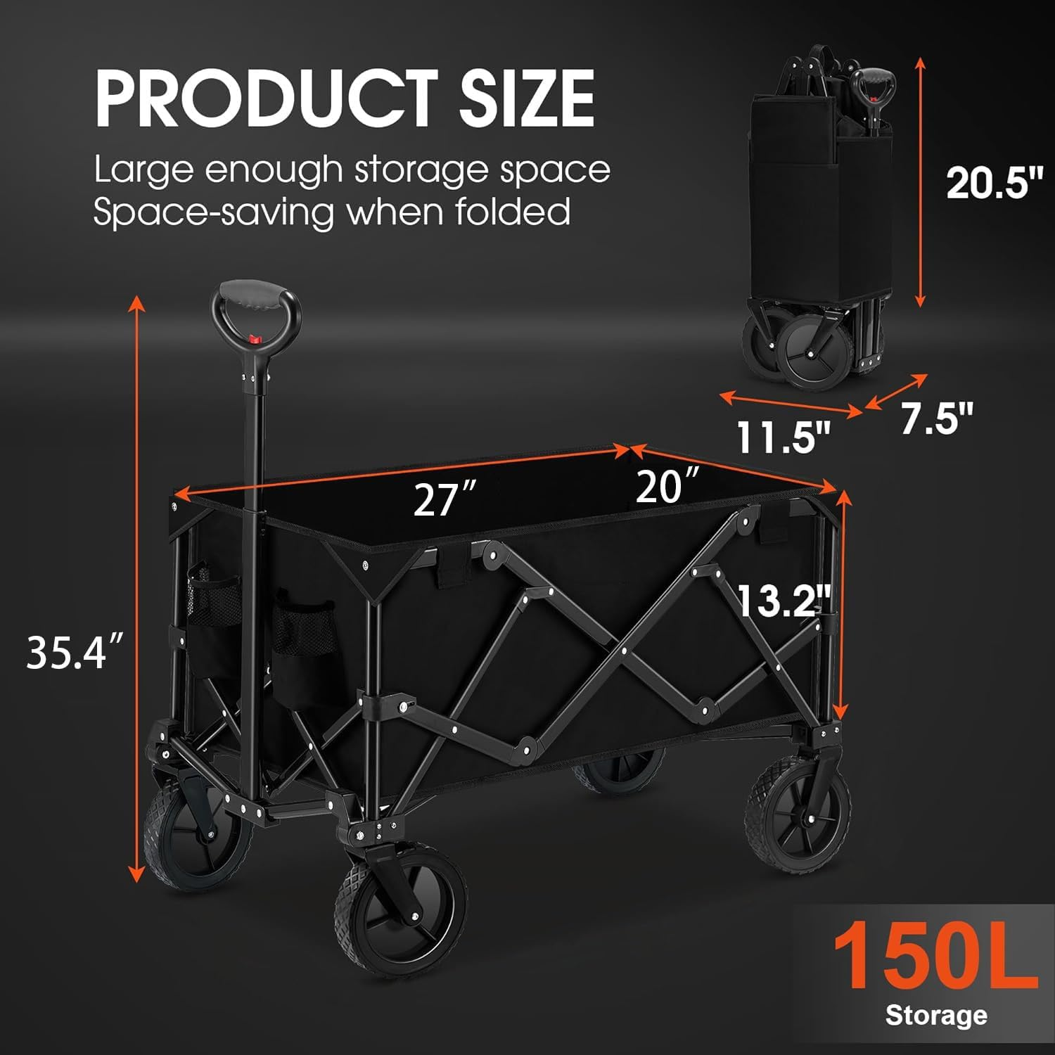 Foldable Wagon with Wheels, Portable Heavy Duty Collapsible Beach Cart - Large Capacity Utility Wagon for Shopping, Sports, Camping，Garden，Grocery - Black image number 1