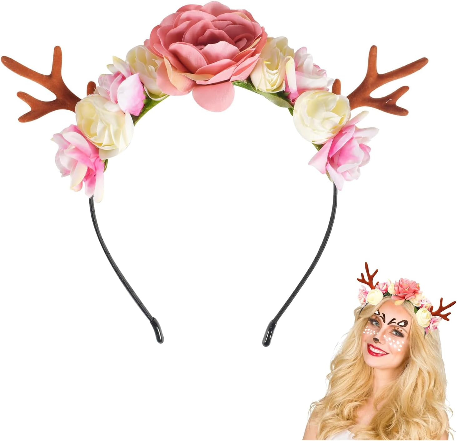 Christmas Flower Deer Headband,Flower Crown Reindeer Antlers Headband,Xmas Hair Accessories Festival Photo Props Floral Wreath Headdresses Forest Fairy Costume Photography Hair Hoop for Women Girl