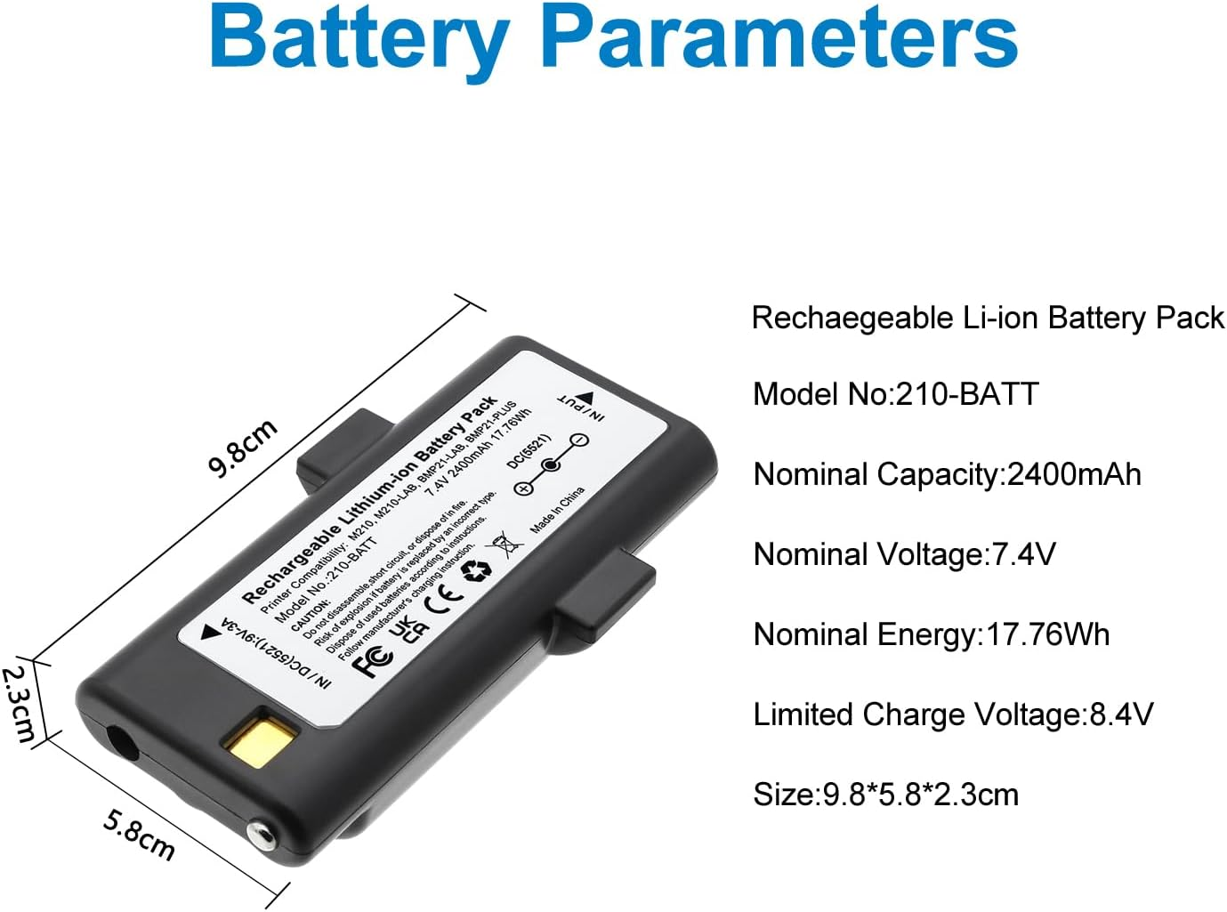 SLODA M210/BMP21 Printer Battery Replacement for Brady M210,M210-LAB,BMP21-LAB,BMP21-PLUS,USB Type-C Charging (7.4V 2400Mah) image number 2
