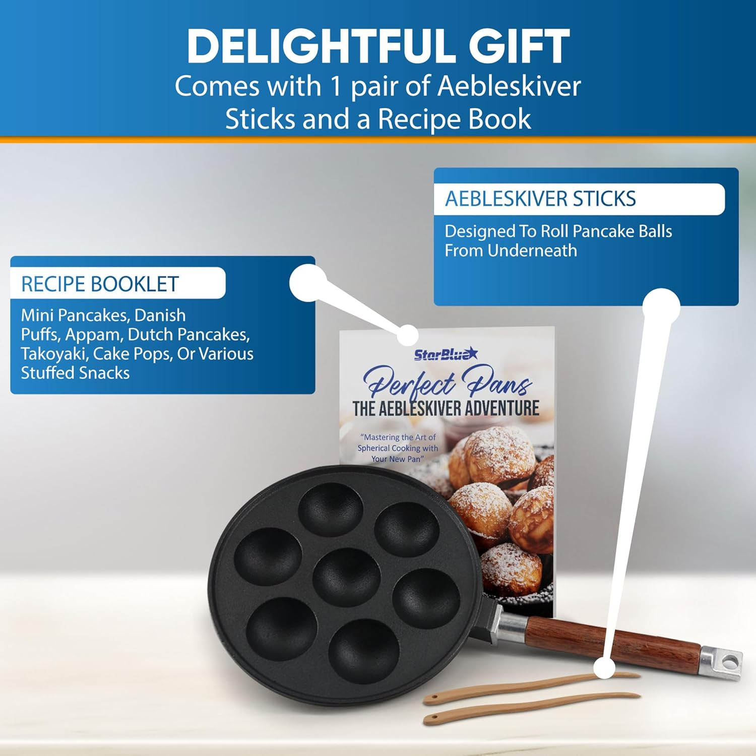Starblue 7-Hole Cast Iron Aebleskiver Pan Detachable Wooden Handle, Pre-Seasoned, Aebleskiver Sticks and Recipe Book Included