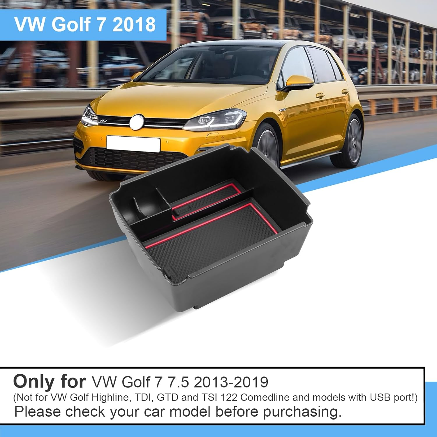 Coleya Centre Console Storage Box Compatible with VW Golf 7 7.5 2013-2019, Golf 7 Accessories Armrest Organiser, Golf 7.5 Centre Armrest Glove Box with Non-Slip Mat (Red) image number 1