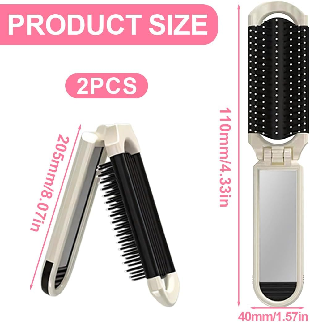 NHQZ Pack of 2 Foldable Travel Hair Brushes, Travel Hair Brush with Mirror, Foldable, Removable, Portable Silver Hair Styling Comb, for Men, Girls, Women, AB, Medium image number 2