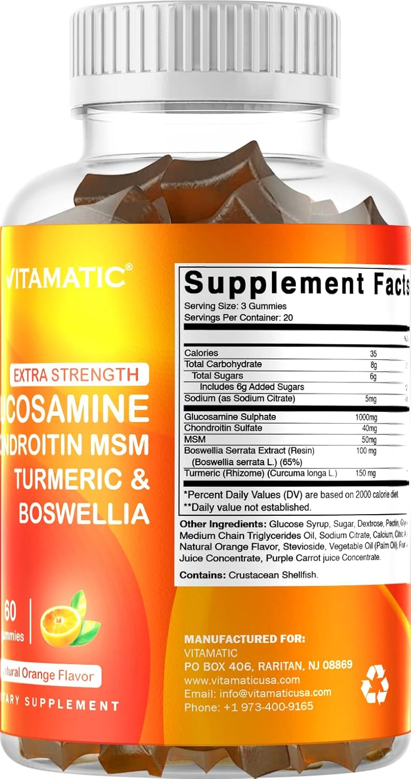 Vitamatic Extra Strength Glucosamine Chondroitin Gummies with MSM, Turmeric, & Boswellia - Joint Support - 60 Pectin Based Gummies image number 3