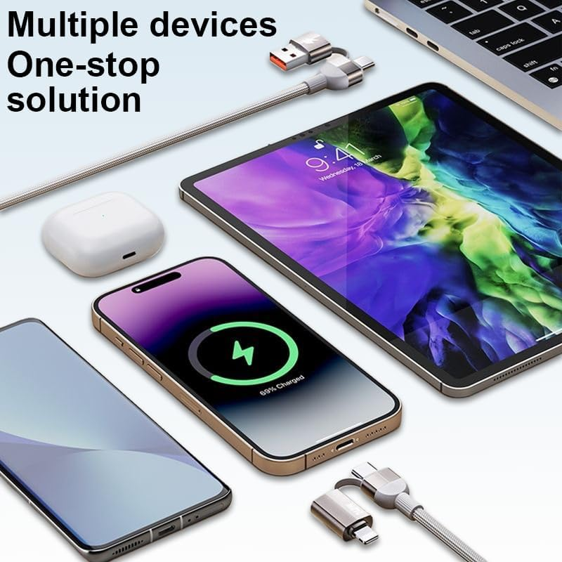 AMITOME 240W 4 in 1 Magnetic Coiled Cable 1.2M,USB A/C to USB C and IP Port Nylon Braided Mfi Certified Fast Charging Cord Compatible with Air 17 16 15 14 Pro/Macbook/Samsung and More-Black image number 5