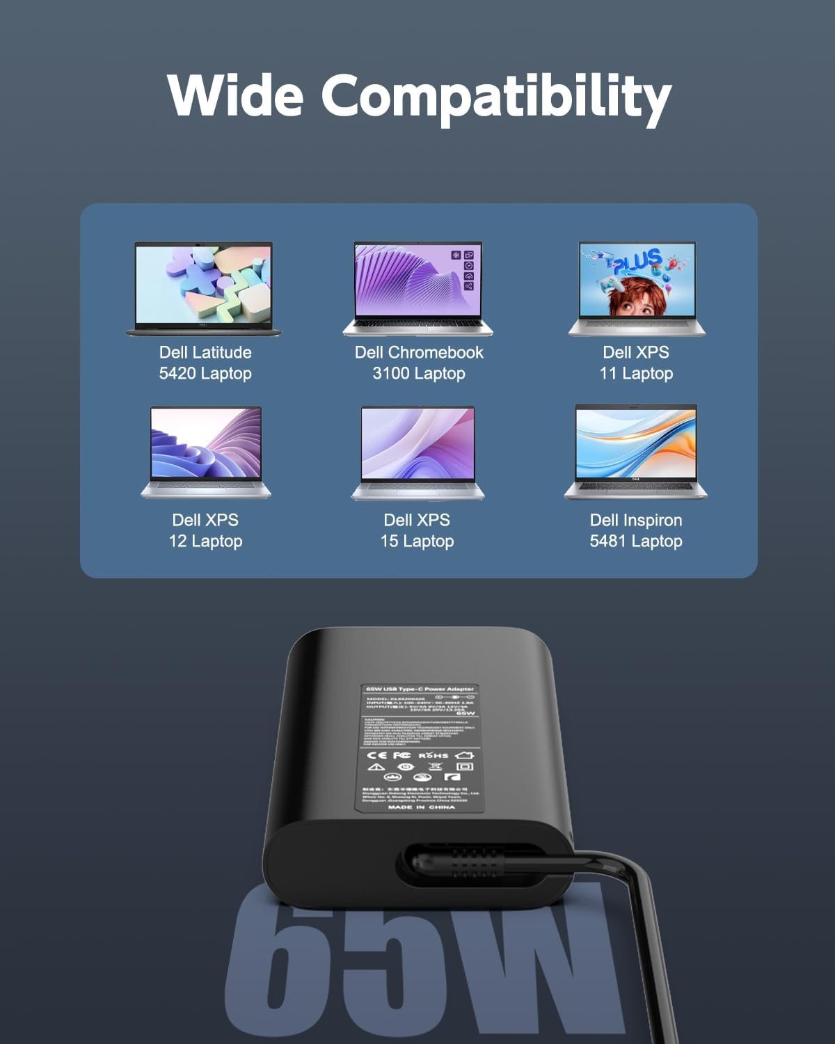 65W Dell USB C Laptop Charger for XPS 13 15 9345 9350 9360 9365 9370 9380 9560 DELL Latitude 5420 5290 5520 7420 7410 7370 7275 7280 7480 7490 Chromebook 3100 3400 5190 AC Adapter Power Cord image number 5