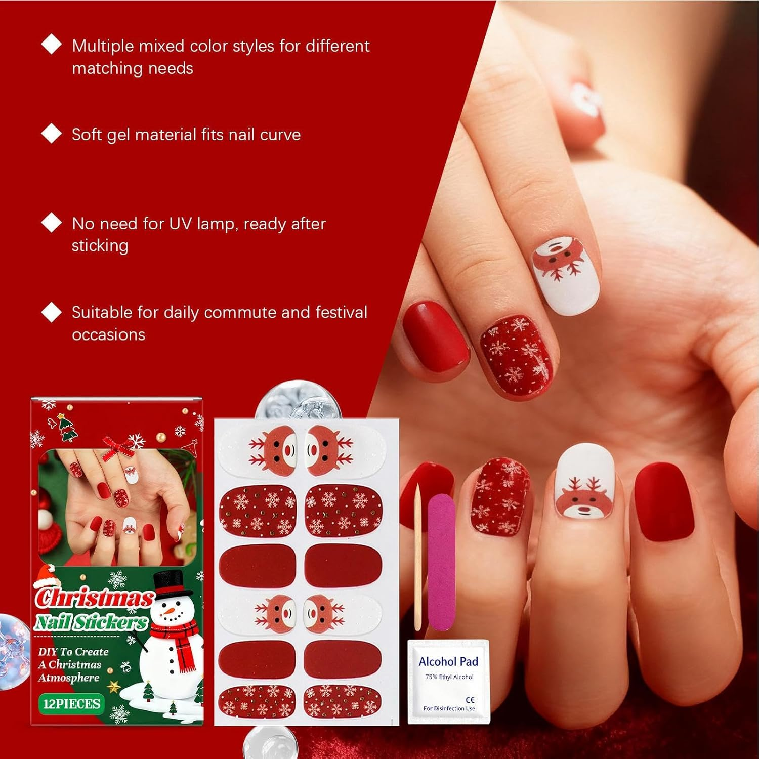 Christmas Nail Wraps | Glitter Art Decal,Snowflake Elk Design Gel Nail Wraps with File and Stick,For Holiday Winter Home Party Salon image number 2