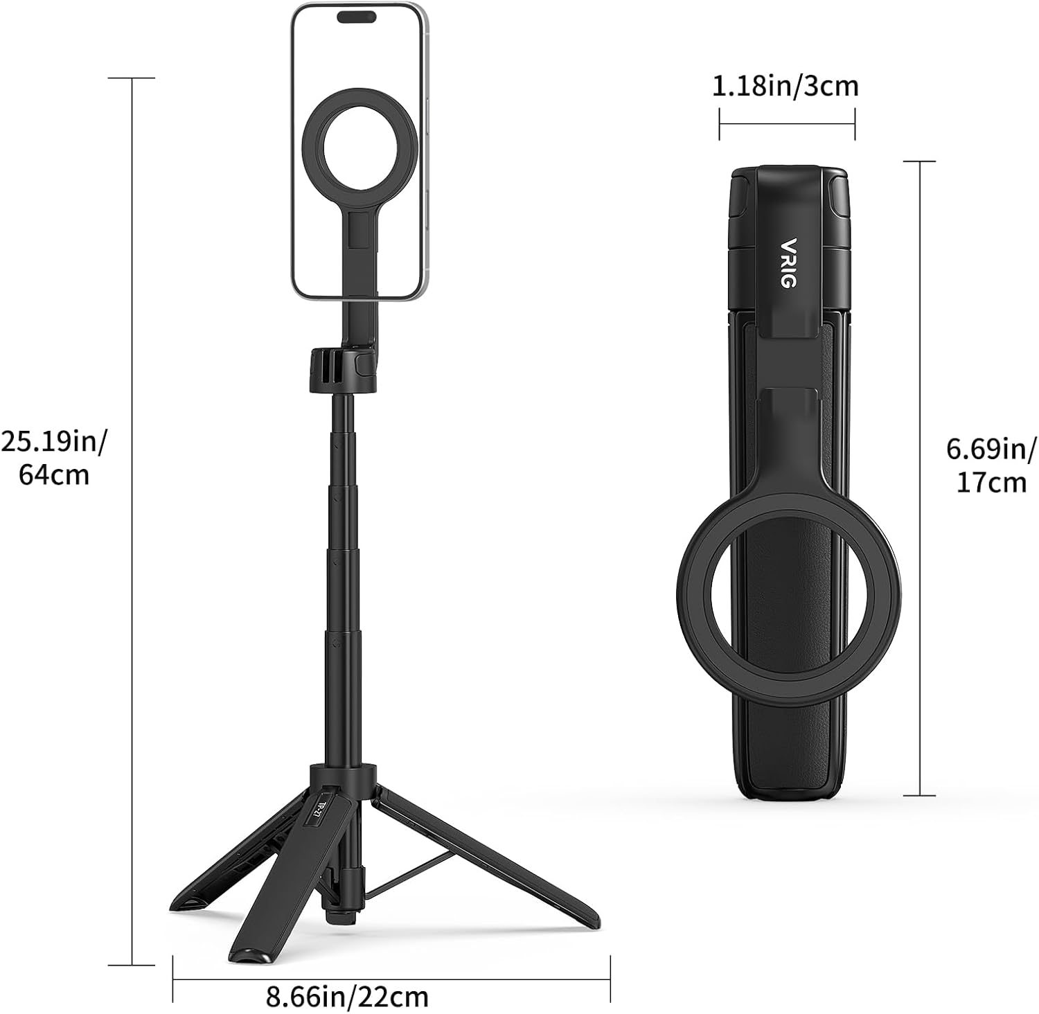 VRIG TP-27 Magnetic Phone Tripod & Selfie Stick, 21" Extendable Smartphone Tripod with Cold Shoe and Double-Sided Magnetic Phone Holder, Compatible with Iphone 16 15 14 13 12 Series image number 4