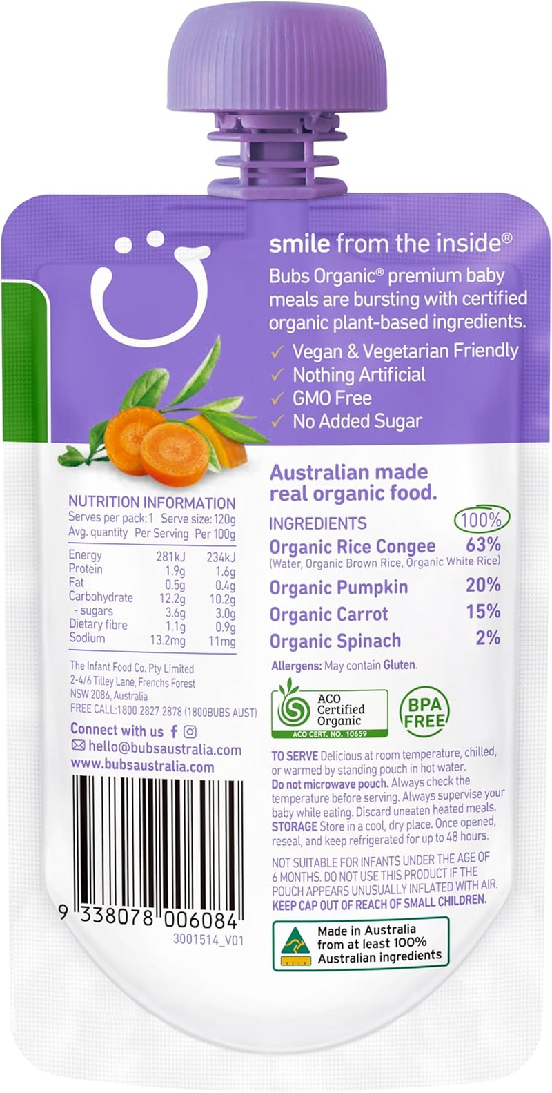 Bubs Organic Super Vegetable Rice Congee Pouch, 6+ Months Baby Food, Veggie Puree Snack, No Added Sugar, 120G (Pack of 3) image number 5