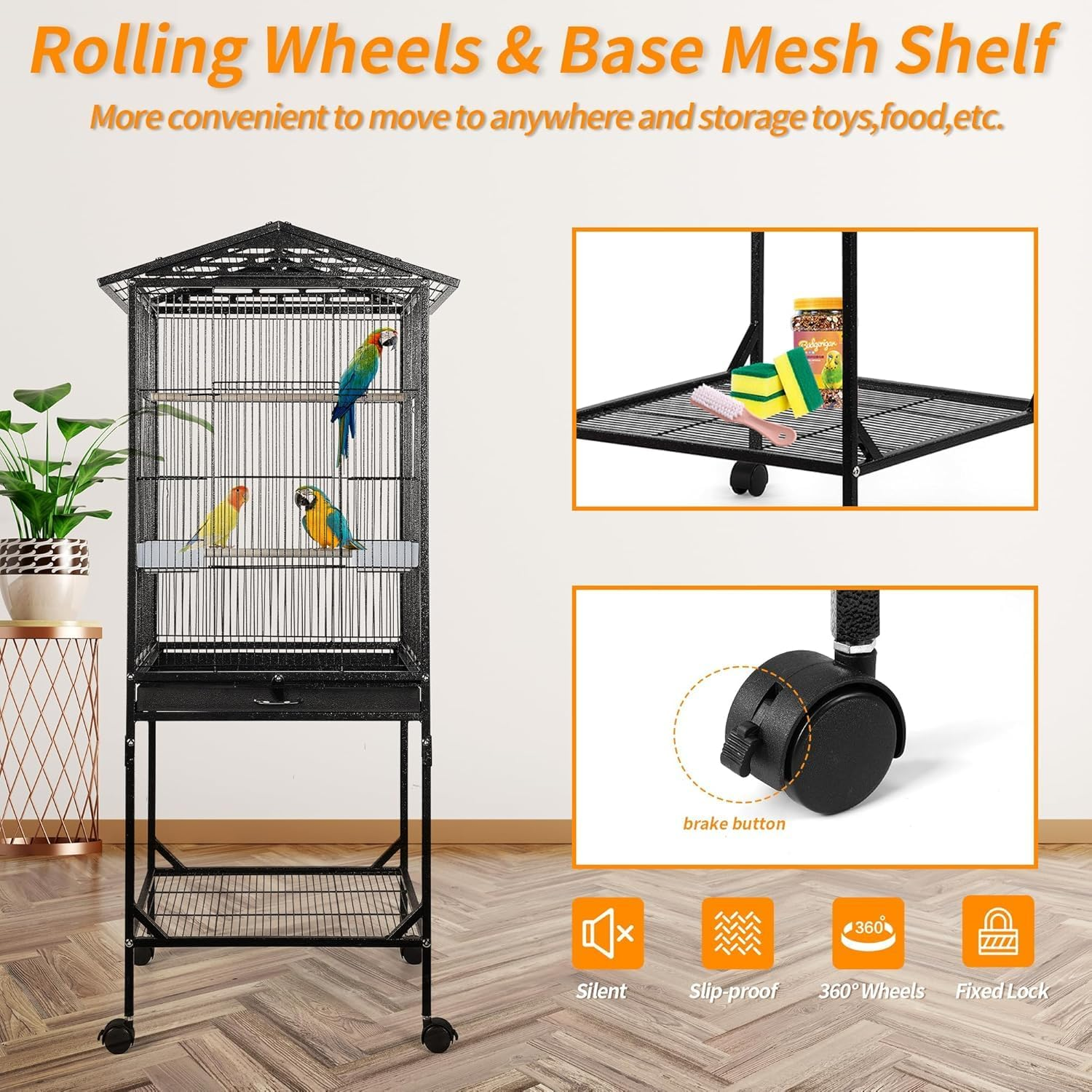 WAMBORY Wrought Iron Bird Cage with Open Top and Rolling Stand, Medium Small Standing Parrot Cage Withswing Wheels, Birdcage with Removable Tray & Feeding Bowls for Parrots Conure Cockatiel Lovebird image number 5
