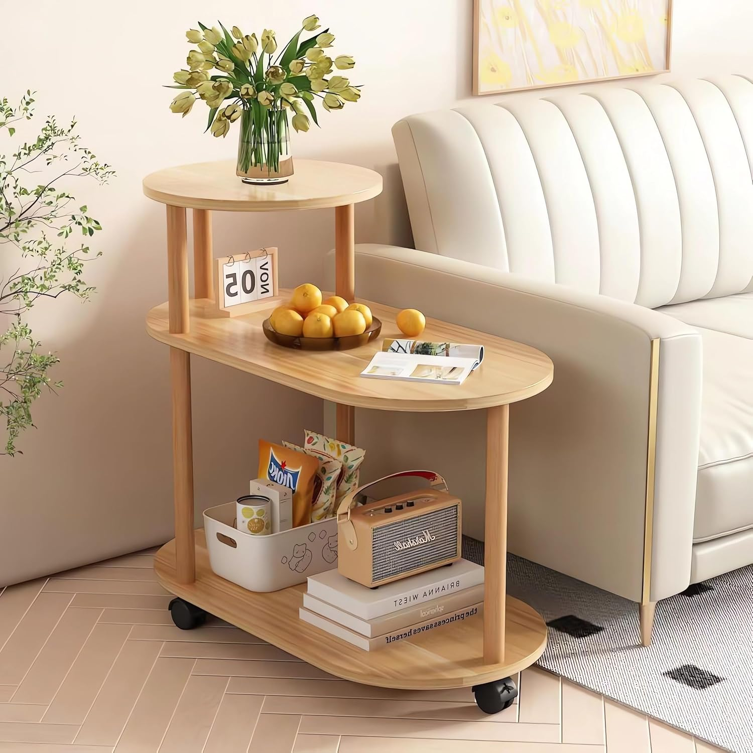 Wooden Side Table with Shelves, 2 Tier, round and Oval Tops End Tables (Dark Wood)