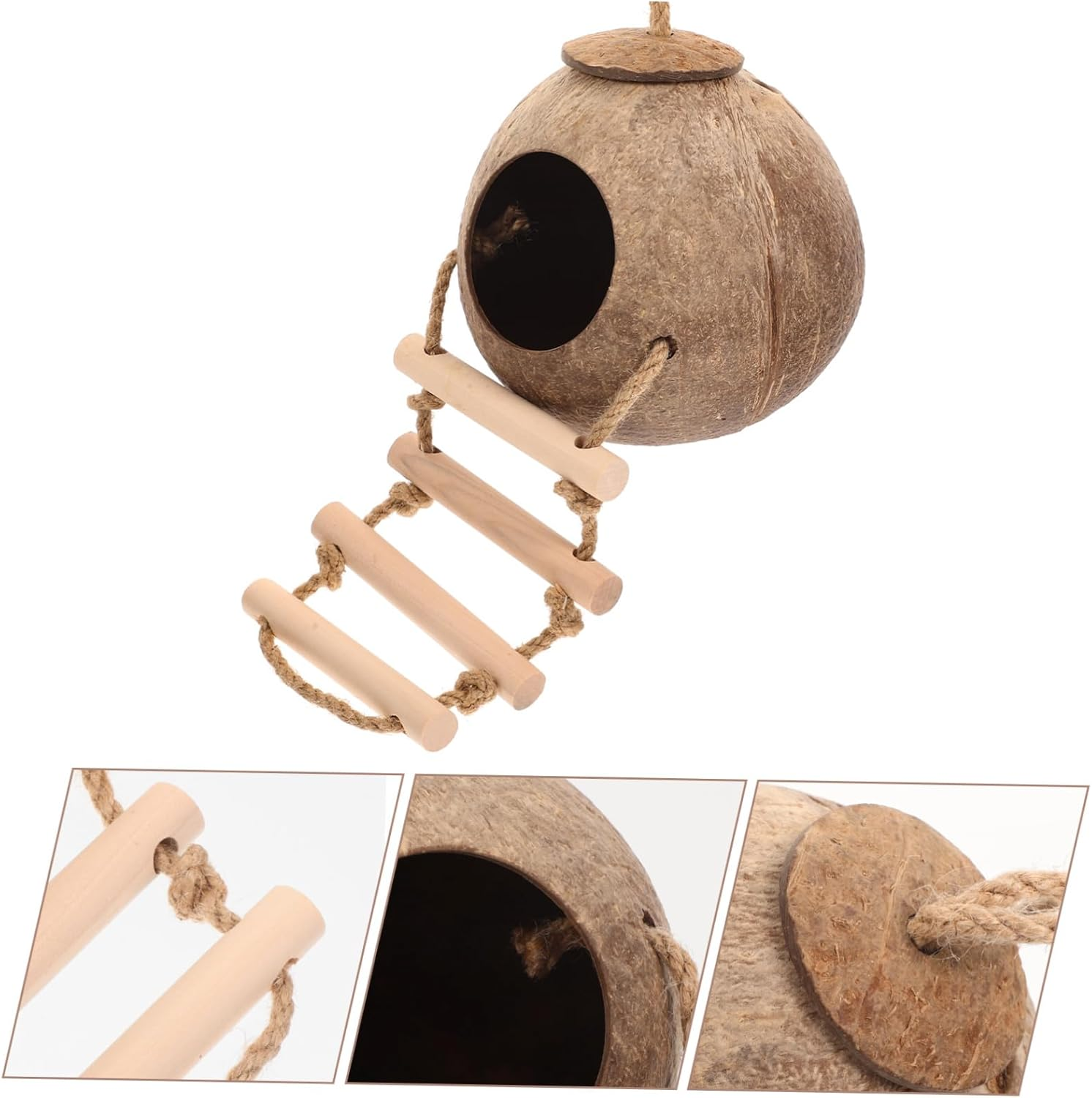 DOITOOL Wood Pet Hideout with Ladder Design, Coconut Shell Hanging Nest Toy for Hamsters and Small Animals, Bite-Resistant Climbing Habitat D&eacute;cor for Cage Playground image number 2