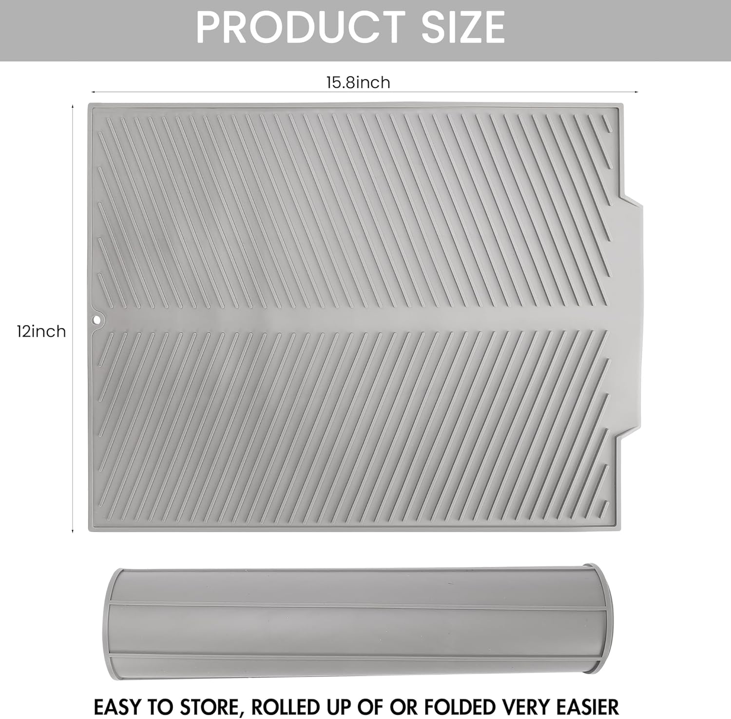 SHARME Silicone Dish Drying Mat with Drain Lip, Dish Drying Pad, Non-Slip Easy Clean Dish Drainer Mat Kitchen Pad, Silicone Mat for Kitchen Counter or Sink,Refrigerator or Draw-16" X 12.5" Grey image number 4