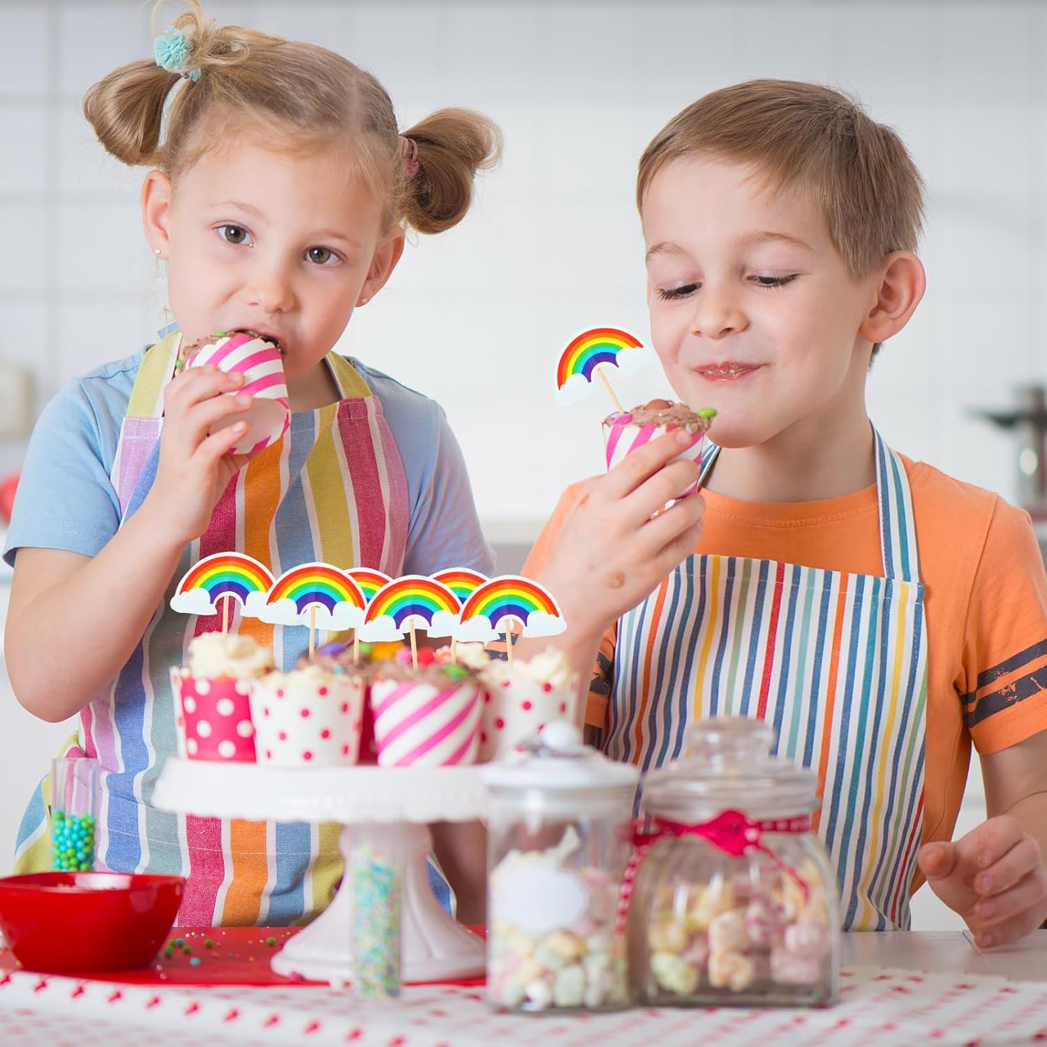 COMNICO 24 PCS Rainbow Cupcake Toppers Theme Party Cake Decorations DIY Cake Picks Insert Toppers Cute Dessert Decorating Supplies for Girl Boys Baby Shower Birthday Party Baking image number 2