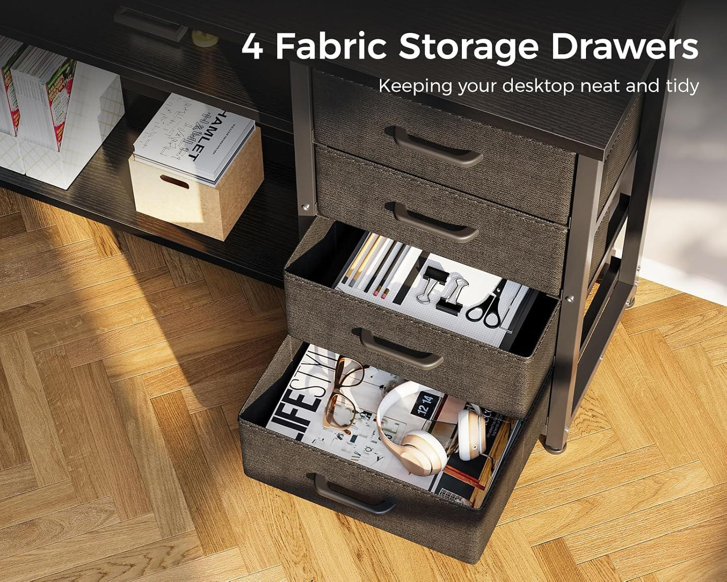 ODK L Shaped Desk with 4 Drawers, Corner Gaming Desk with LED Lights & Power Outlets, Reversible Home Office Computer Desk with Monitor Shelf,135 * 112.1 * 91.2Cm, Black image number 1