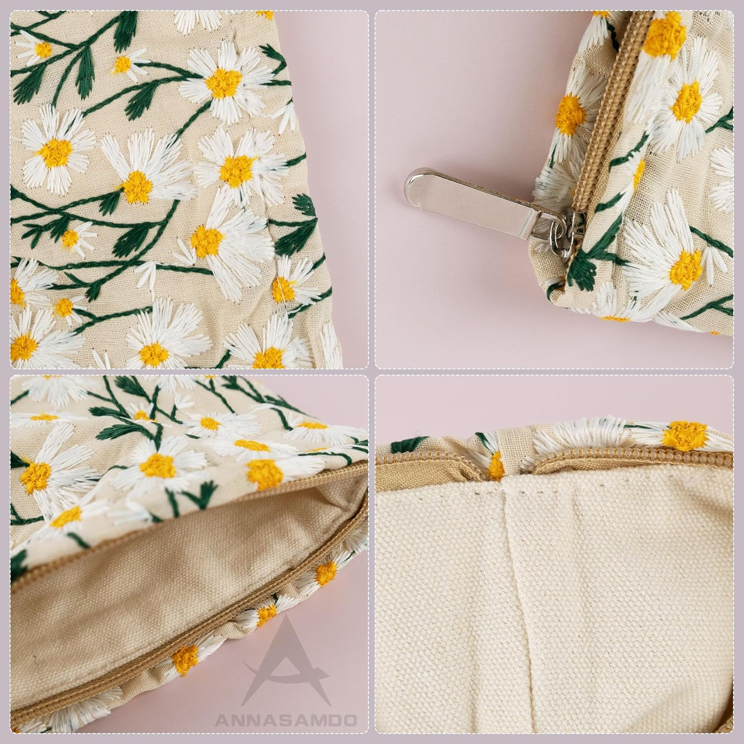 ANNASAMDO 2 Pieces Cosmetic Bag with Daisy Key Ring Floral Pattern Makeup Organiser Toiletry Bags for Travel image number 6