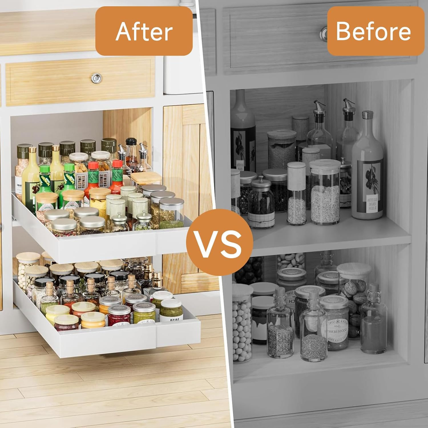 2 Pack Pull Out Drawers for Cabinets,Expandable(31 to 52Cm W) Pull Out Cabinet Organizer with Adhesive Film,Pull-Out Shelf for Kitchen Cabinet,Pantry, Bathroom Storage-42Cm Deep - White-1Pc image number 4