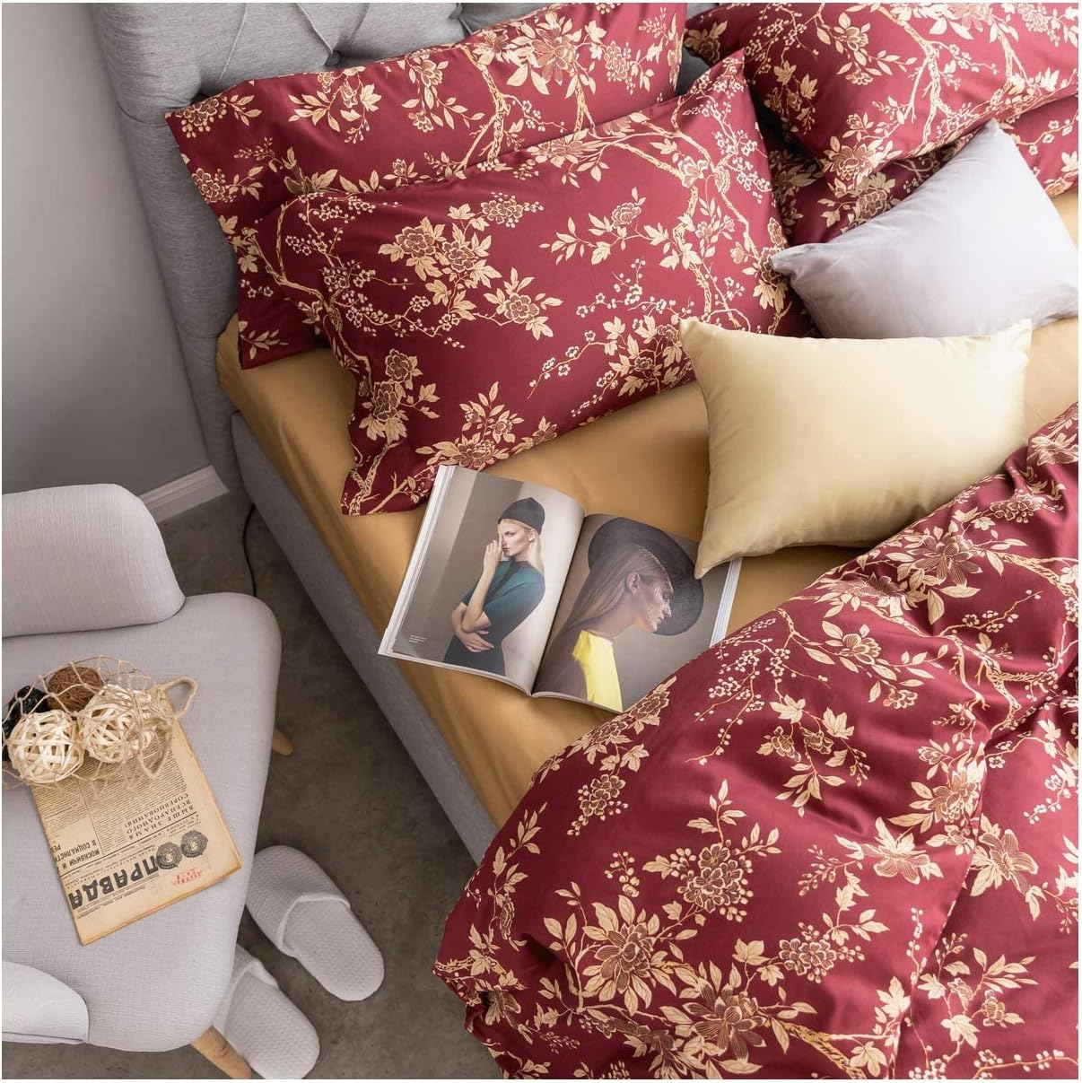 Eastern Floral Chinoiserie Blossom Print Duvet Quilt Cover Navy Blue Tan White Asian Style Botanical Tree Branches Ornamental Drawing 400TC Egyptian Cotton 3Pc Bedding Set (King)