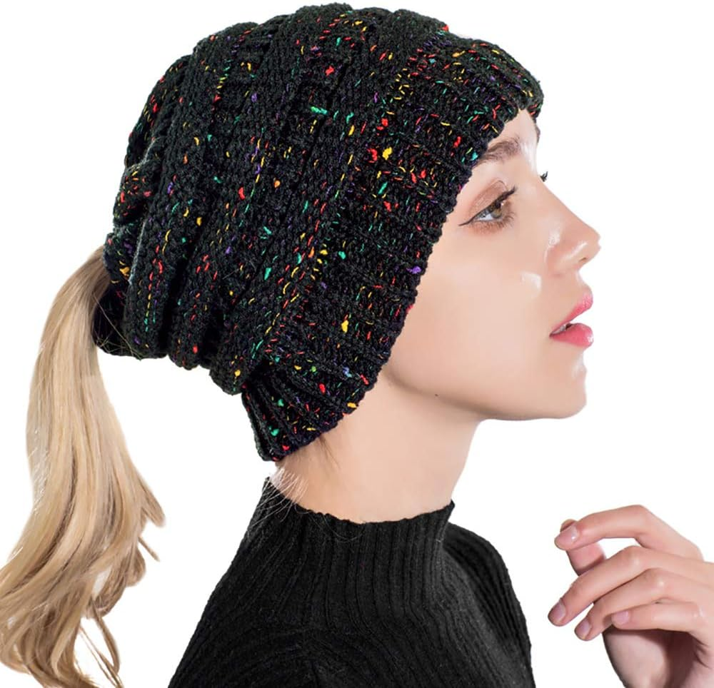 Taidor Messy Bun Ponytail Beanie Hat Colored Dots Cable Knit Cap for Women Girls Winter