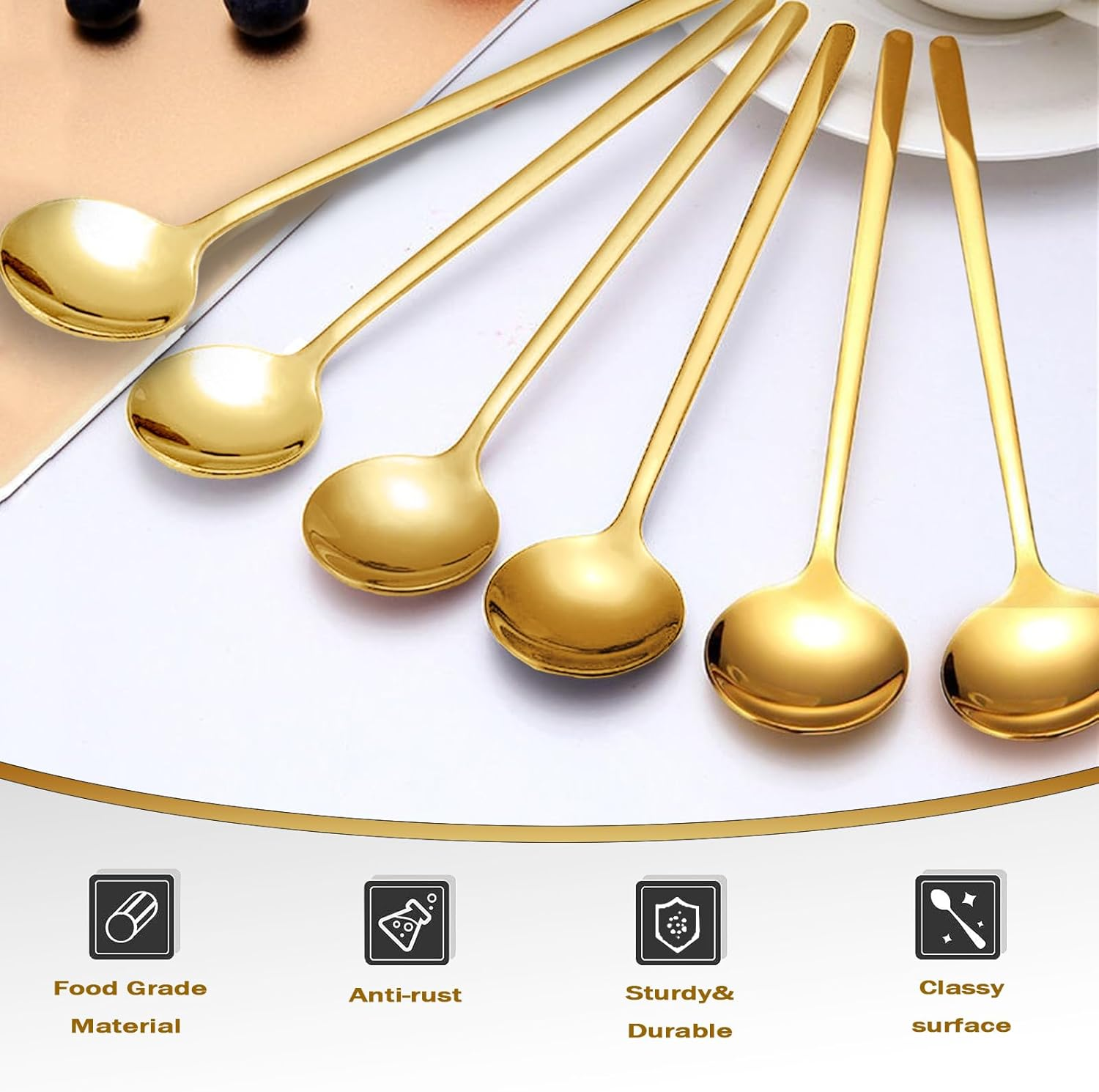 6 Pcs 6.7 Inches Coffee Spoons, Long Handle Iced Tea Spoon, Gold Espresso and Dessert Spoons, Food Grade Stainless Steel for Coffee Bar Accessories image number 1