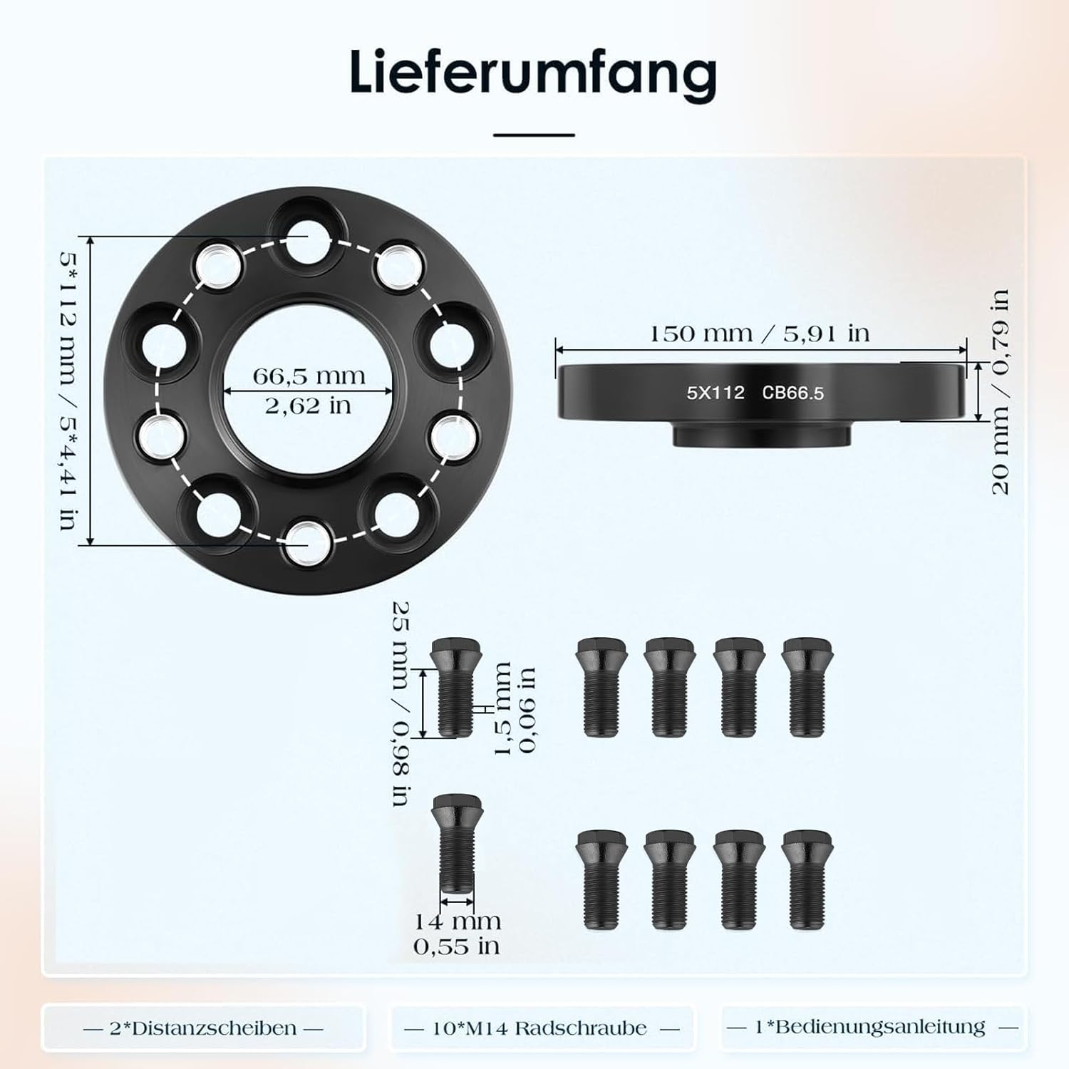 GEARMONSTER Wheel Spacers 2 X 20 Mm Spacers Set LK: 5 X 112 NLB:66.5 with 10 Wheel Bolts M14 X 1.5 X 25 Mm Wheel Spacers for Audi A4 A5 A6 A7 image number 2