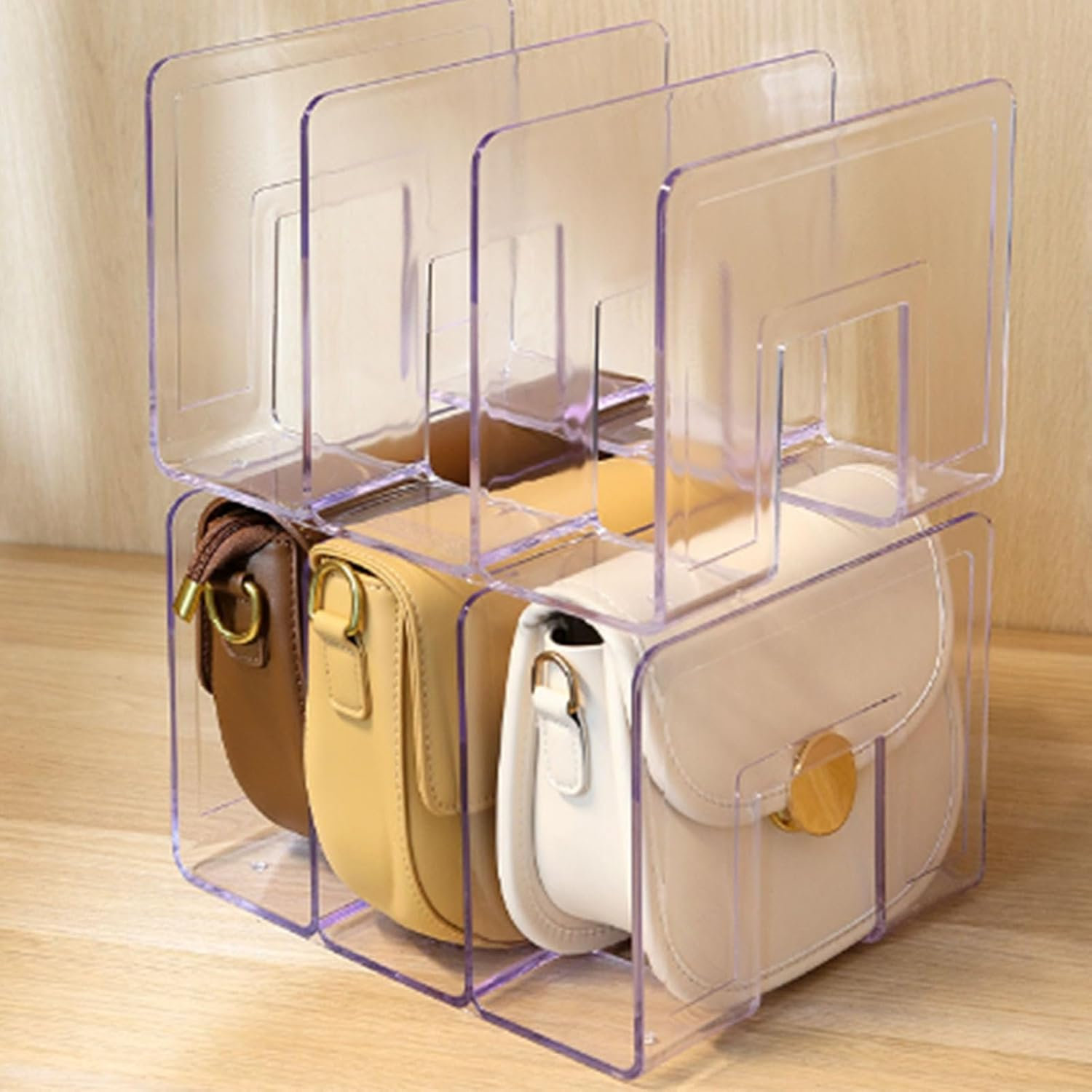 Omabeta 1PCS 4 Layer Bag Organizer Separators, Clear Stackable Handbag Organiser, Easy to Select for Closet Bookshelf Bedroom, Purse Shelf Dividers Storage Rack,32 * 14.5 * 13Cm image number 4