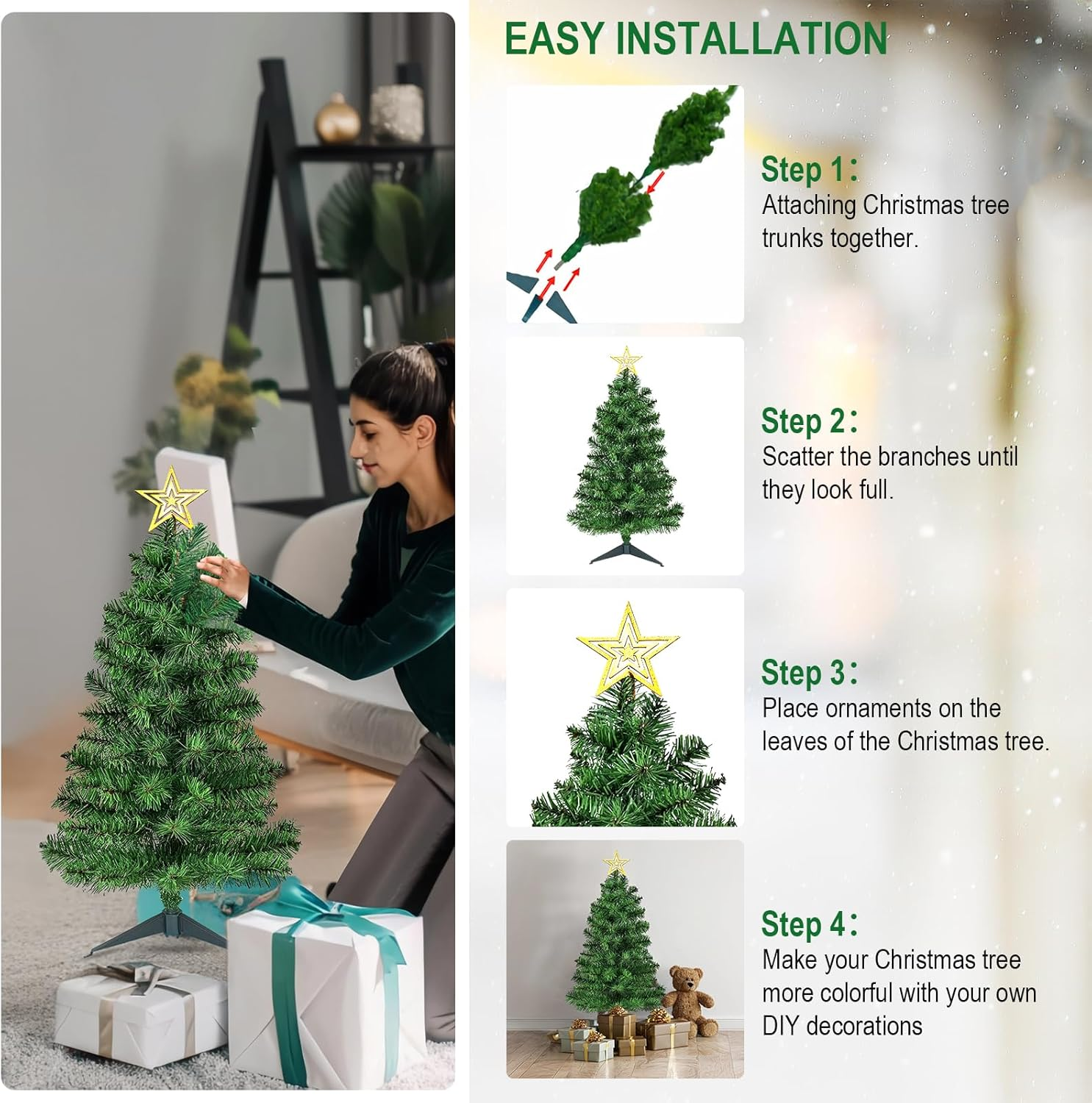3FT Premium Hinged Artificial Holiday Small Mini Christmas Tree for Tabletop,Home, Office, Indoor and Outdoor Holiday Decoration,Easy Assembly Metal Hinges & Foldable Base image number 2