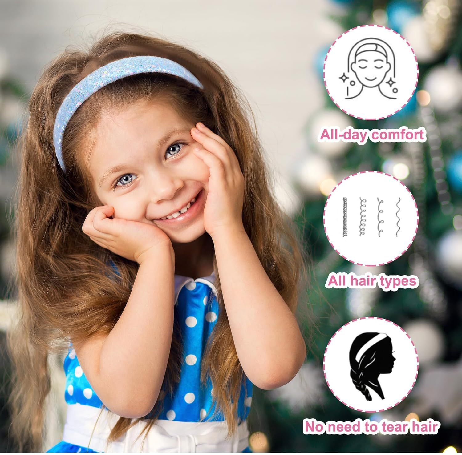 3PCS Girls Headbands Non-Slip Glitter Sequins Sparkly Hard Toddler Headband, Wide Padded Hair Bands Cute Hair Accessories for Birthday Party Favors Back to School Girls Women (Pink/Sky Blue/White)